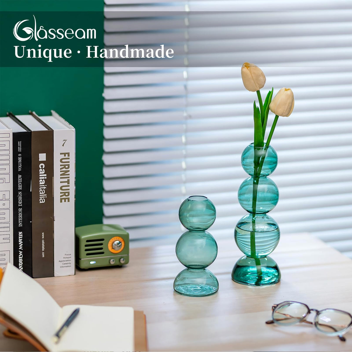 Glassseam Glass Vases for Flowers, Green Bud Vases for Decor, Cute Small Vase, Modern Aesthetic Vase, Unique Round Flower Vase, Decorative Bubble Vases for Centerpieces Wedding Table Decorations
