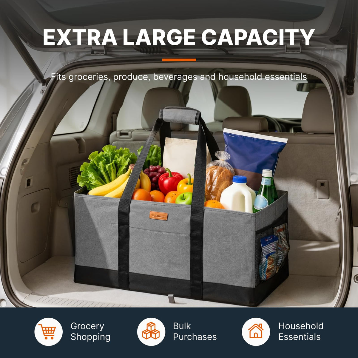 WONDAY Extra Large Foldable Grocery Tote Bag With Handles for Storage, Picnics, Beach, Pool, Laundry - Reusable Shopping Bag (Grey)