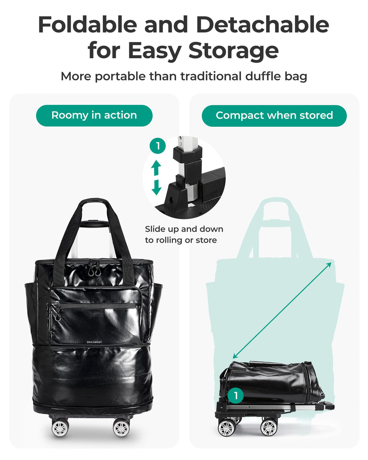 BAGSMART Rolling Duffle Bag with Wheels, Travel Duffel Luggage Bag for Women, Water Repellent Heavy Duty for Travel Camp, Charcoal, Medium, 48L