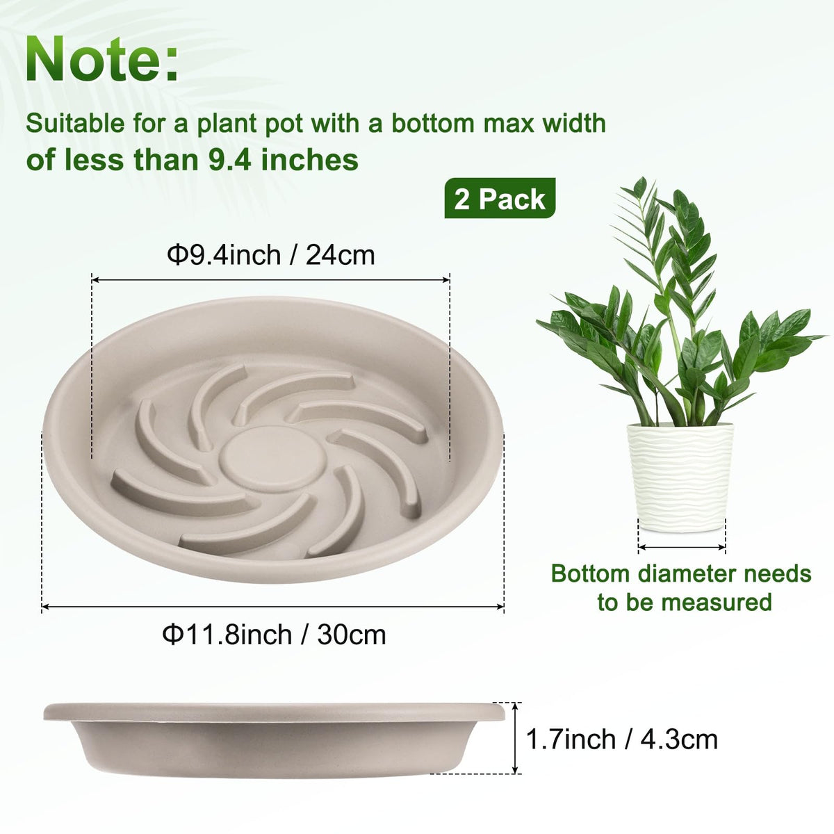 M METERXITY 2-Pack Plant Saucers, 9.4 Inch ID Anti-Rot Root Resin Flower Pot Plant Saucers for Indoor/Outdoor, Flowerpot Drip Tray [11.8 Inch OD, Gray White]