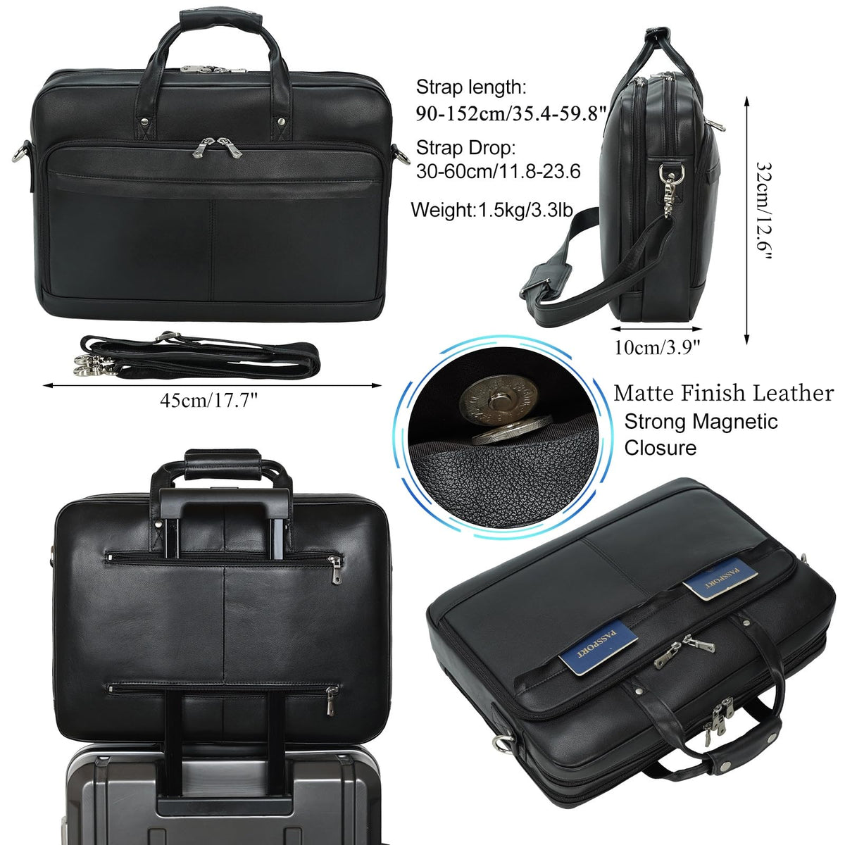 Masa Kawa Leather Briefcase for Men 17 Inch Laptop Crossbody Shoulder Messenger Office Bag Black Attache Case Handbag for Business Travel Work Lawyer Large