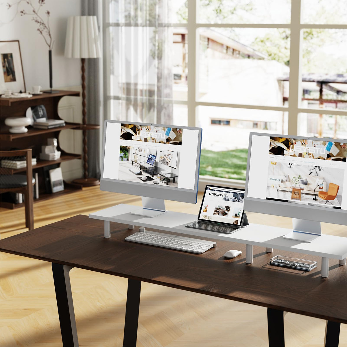 WEGASTU Large Dual Monitor Stand Riser 43.3IN，White Home Office Storage For Desk Accessories，Solid Wod Desk With Adjustable Legs For computer/PC/Laptop/Printer/Container/dressing table