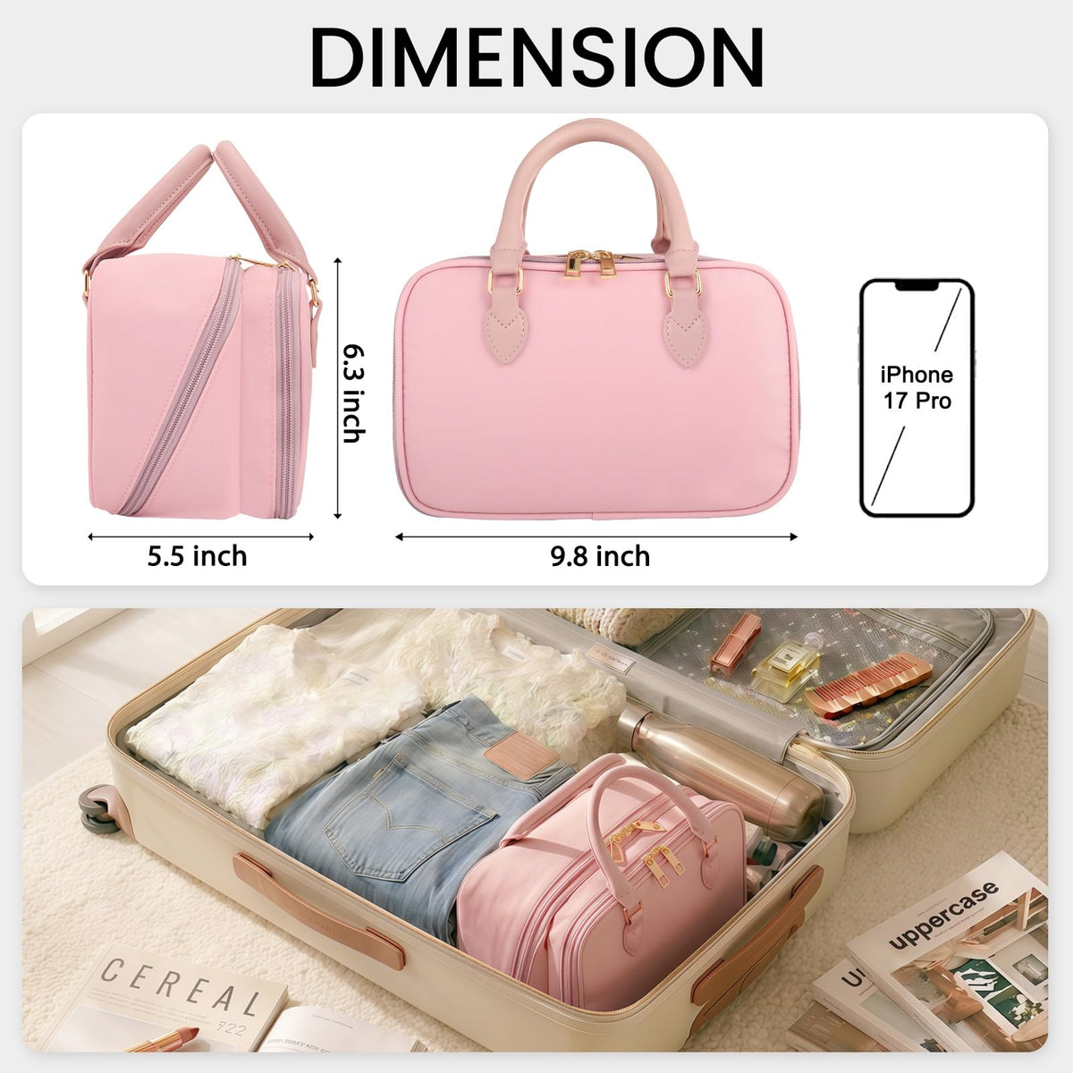 Travel Makeup Bag for Women Fashion Large Capacity Pouch Open Flat Cosmetic Portable Organizer Waterproof Large Opening Storage Toiletry Bags Vertical Free-Standing Brush Holder for Easy Access Pink