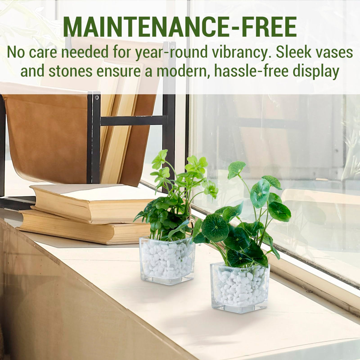 MyGift Artificial Clover and Taro Plants in Clear Glass Vase with Decorative White Stones, Set of 3