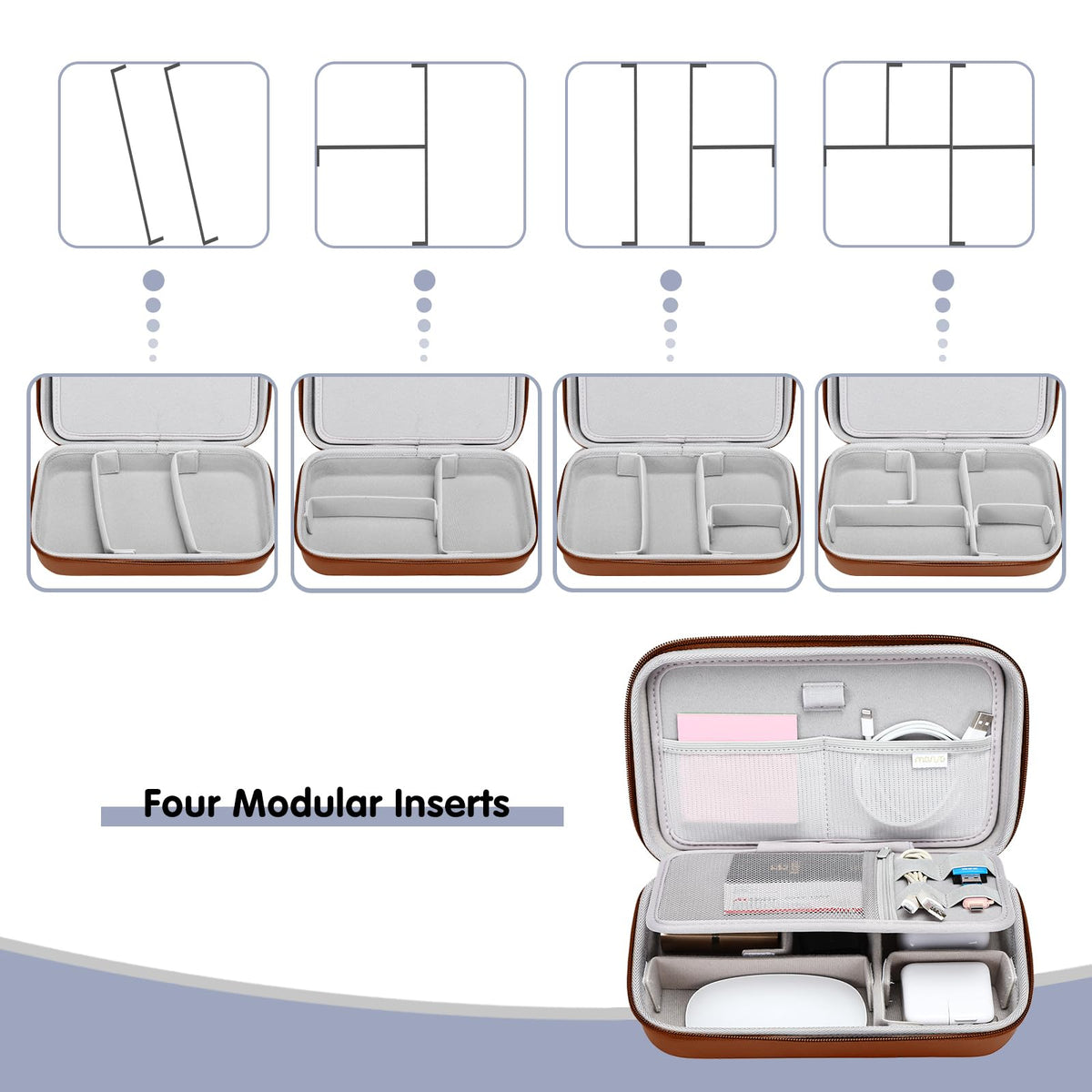 MOSISO Electronic Organizer Travel Case Compatible with MacBook Power Adapter, Compatible with Magic Mouse & Pencil, SD Card, USB Flash Disk with 4 Modular Insert & 2 Cable Tie & Snap Hook, Brown