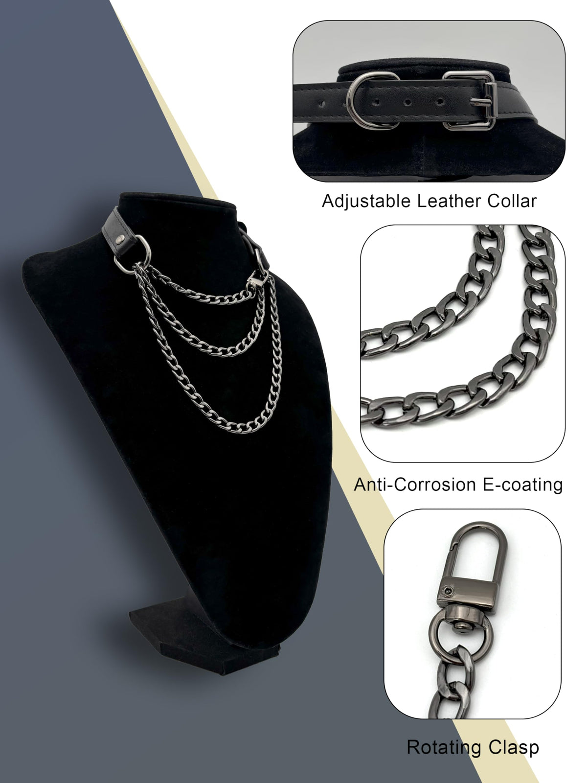 EverGlimp Handmade Black Vegan Leather Choker Collar For Women, Adjustable Triple-Layer Slip Chain Necklace