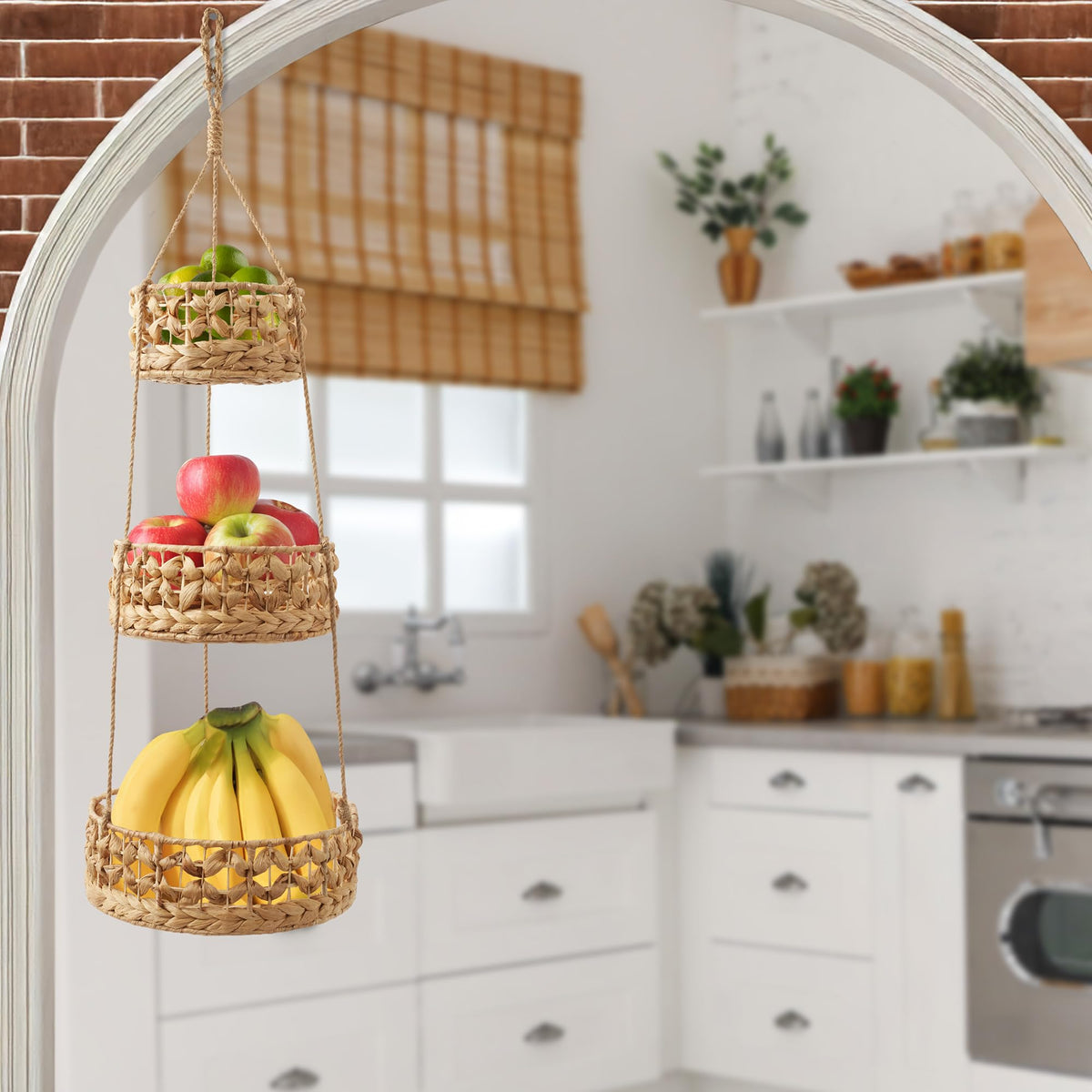 Casafield 3-Tier Hanging Fruit Basket Set, Natural Water Hyacinth Boho Storage Baskets for Vegetables, Herbs, Plants, Kitchen Pantry Storage Organizer
