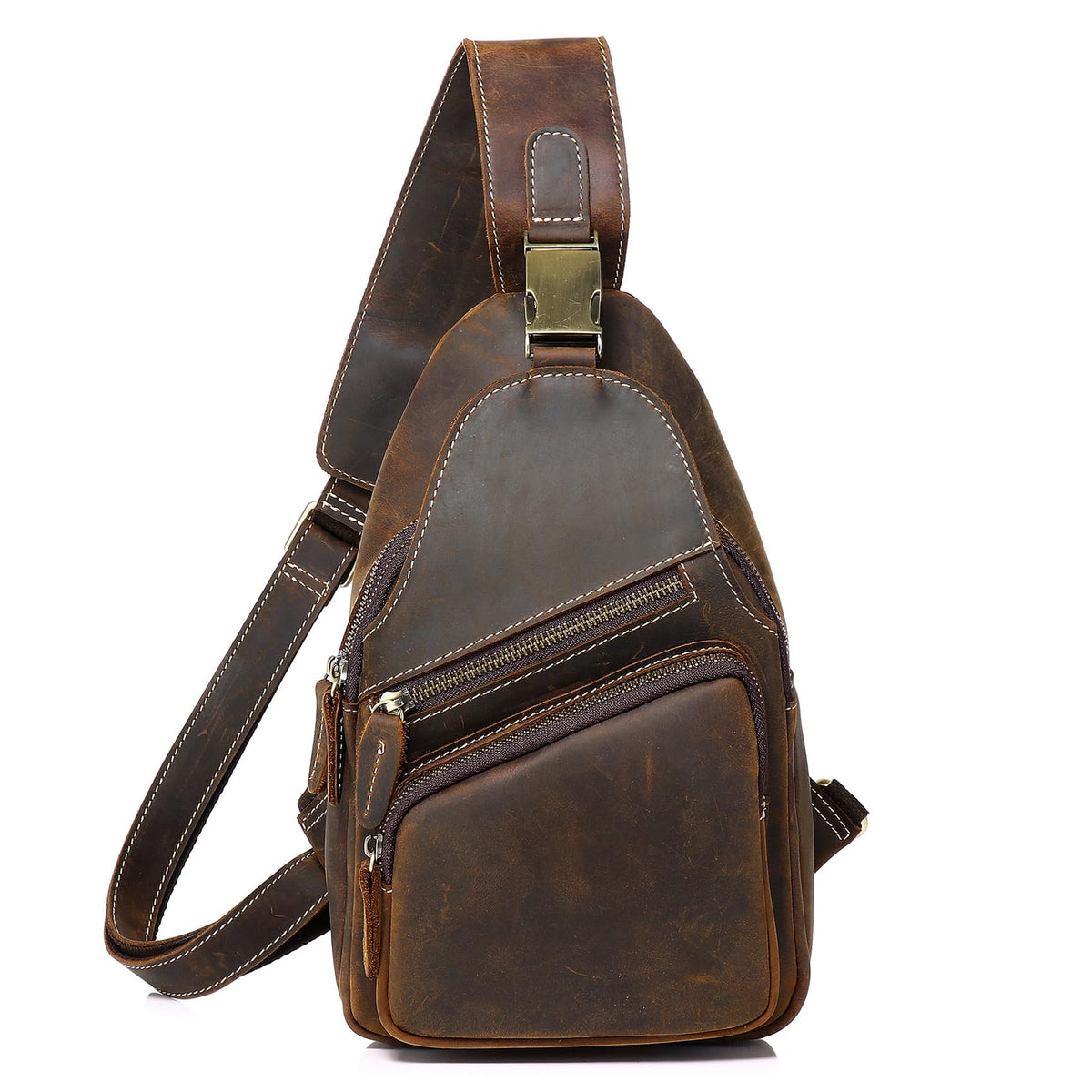 Vintage Full Grain Genuine Leather Sling Bag Men Women Crossbody Chest Shoulder Backpack Daypack Travel Hiking Deep Brown