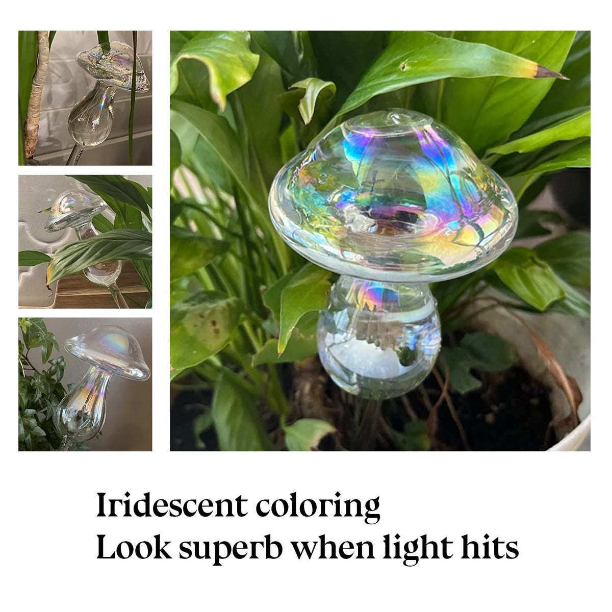 HyJeryty Non-Clogging Iridescent 3 Pack Mushroom Plant Watering Globes with Terracotta Spikes, Hand Blown Glass Self Watering Planter Insert Plant Watering Devices Bulbs for Indoor and Outdoor Plants