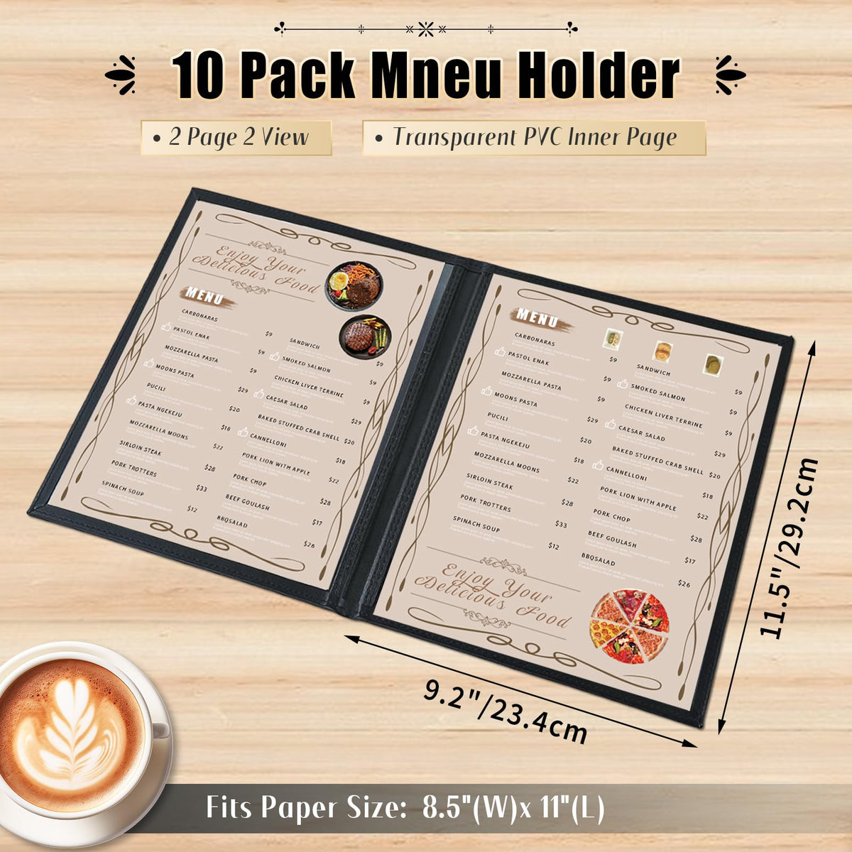 FLKQC Restaurant Menu Covers Holders 8.5" x 11" | Pack of 10 Synthetic Leather Double Fold Panels 2 View with PVC Cover for Wine List, Drinks (10, Double Fold Panels 2 View (8.5 x 11 inch))