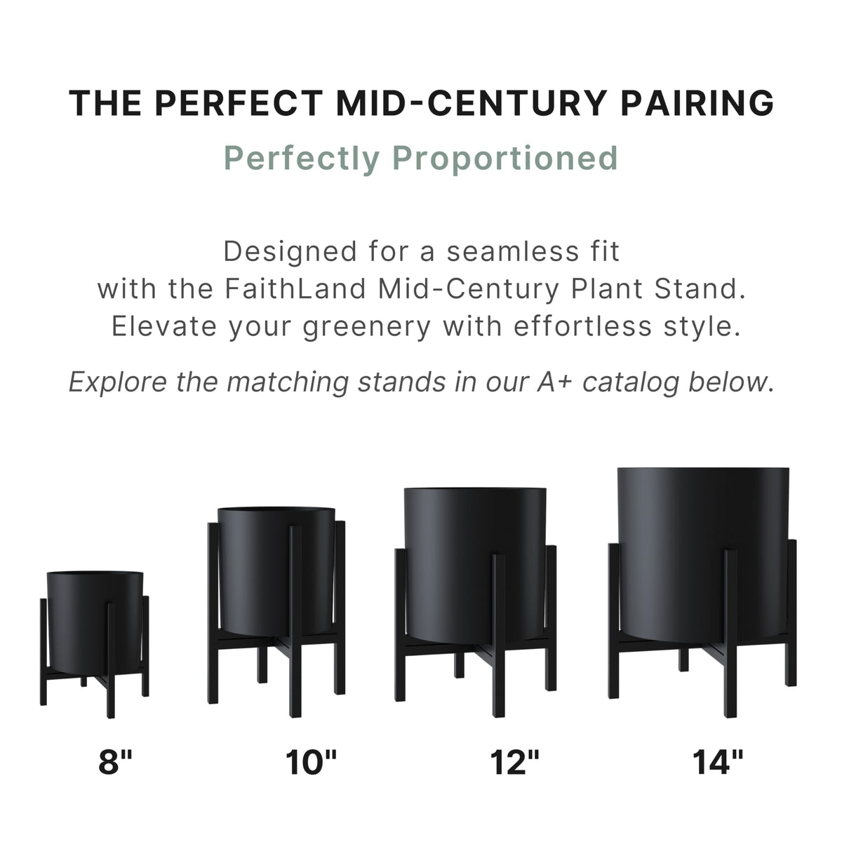 FaithLand 14 Inch Fiberstone Planter - Lightweight Modern Cylinder Plant Pot with Drainage Hole & Plug, Indoor Outdoor Use, Matte Black