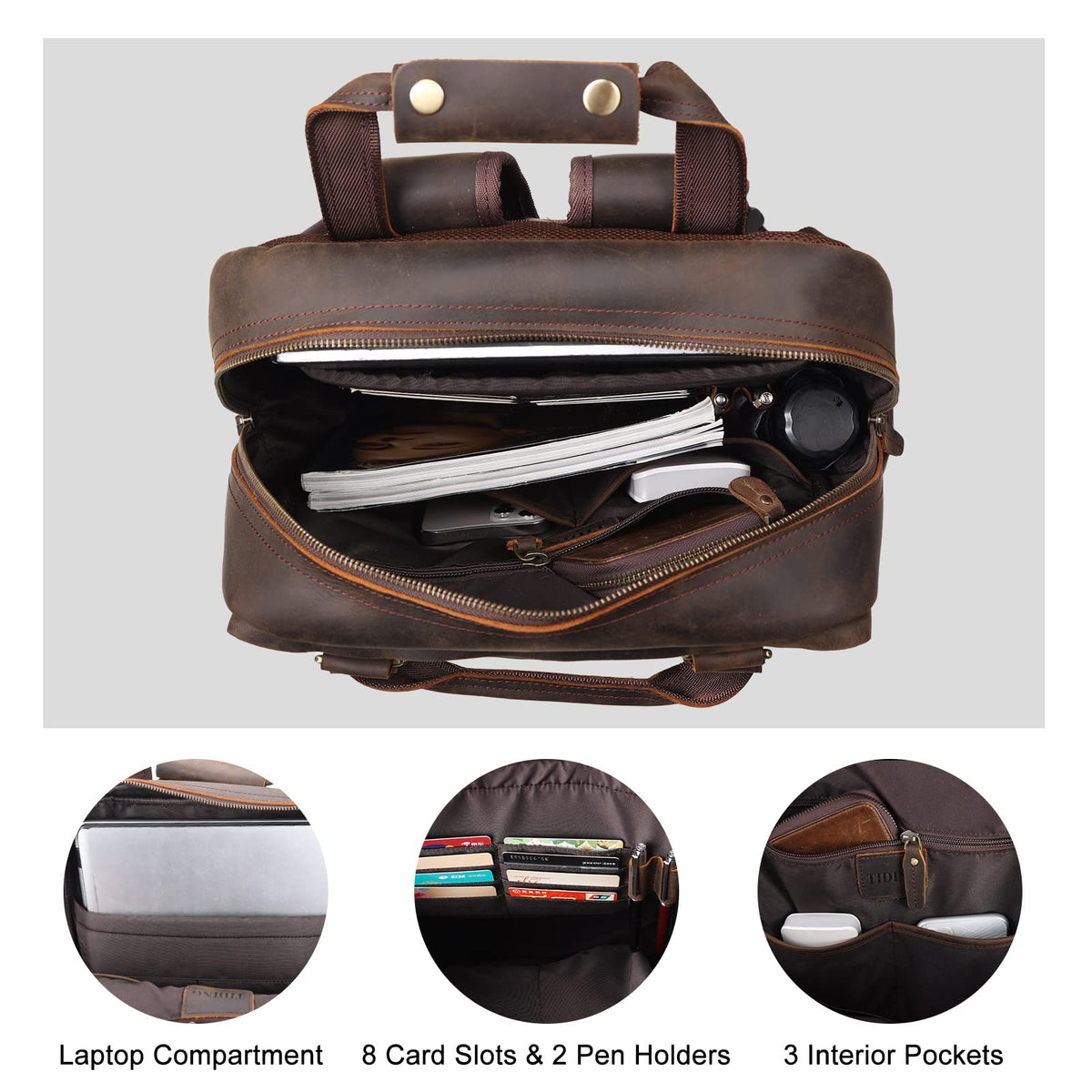 TIDING Genuine Leather 15.6 inch Laptop Backpack for Men College Casual Rucksack Backpack Business Travel Daypack