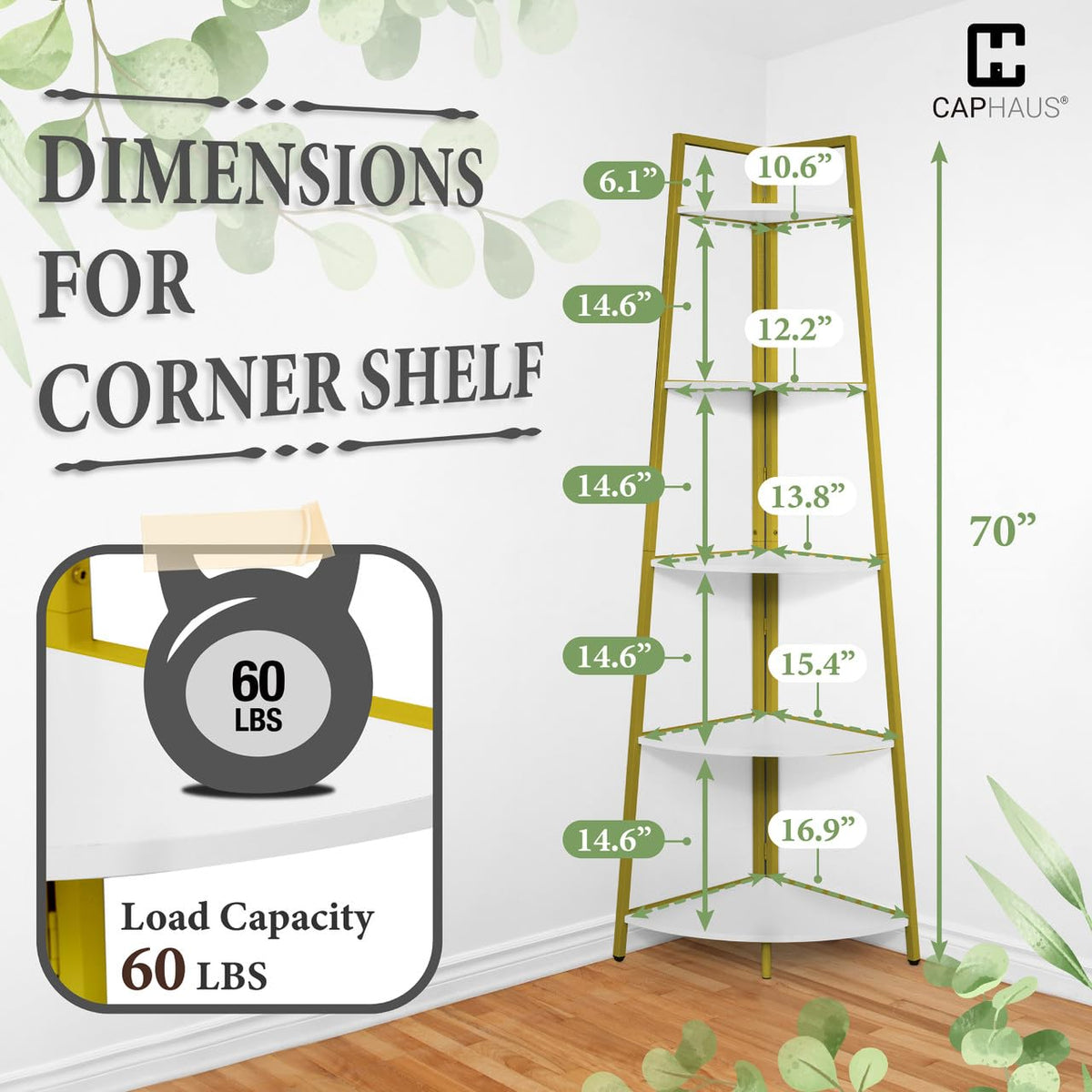 CAPHAUS Tall Corner Shelf Stand, 5-Tier Display Shelves, Ladder Corner Wood Storage Plant Bookshelf with Metal Frame, Versatile Shelving Unit Bookcase for Home Office Space, Gold