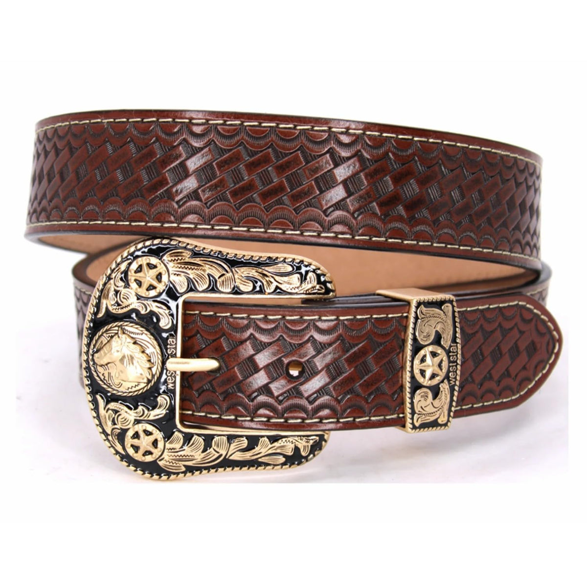 West Star Texas Cowboy Belt for Men - Genuine Leather Western Belt with Engraved Buckle, Country Rodeo Style (Coffee Basketweave, M)