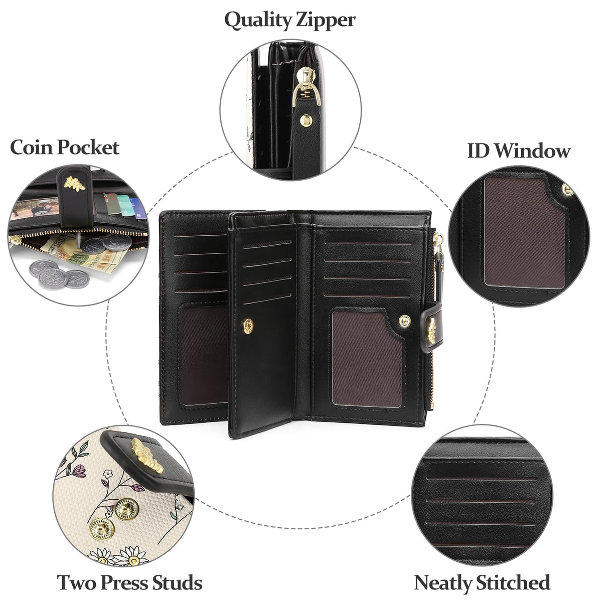 GAEKEAO Wallets for Women RFID Blocking Medium Bifold Ladies Wallet Vegan Leather Floral Card Holder Purse Zipper Coin Pocket