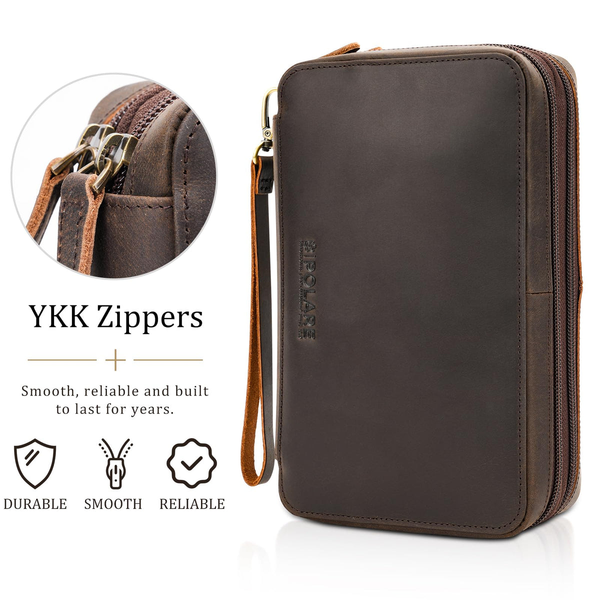 Polare Full Grain Leather Cable Organizer Travel Case Double Layers Electronics Accessories Carry Bag with YKK Zippers All-in-One Tech Storage Pouch for Cords, Power Bank, USB, Charger