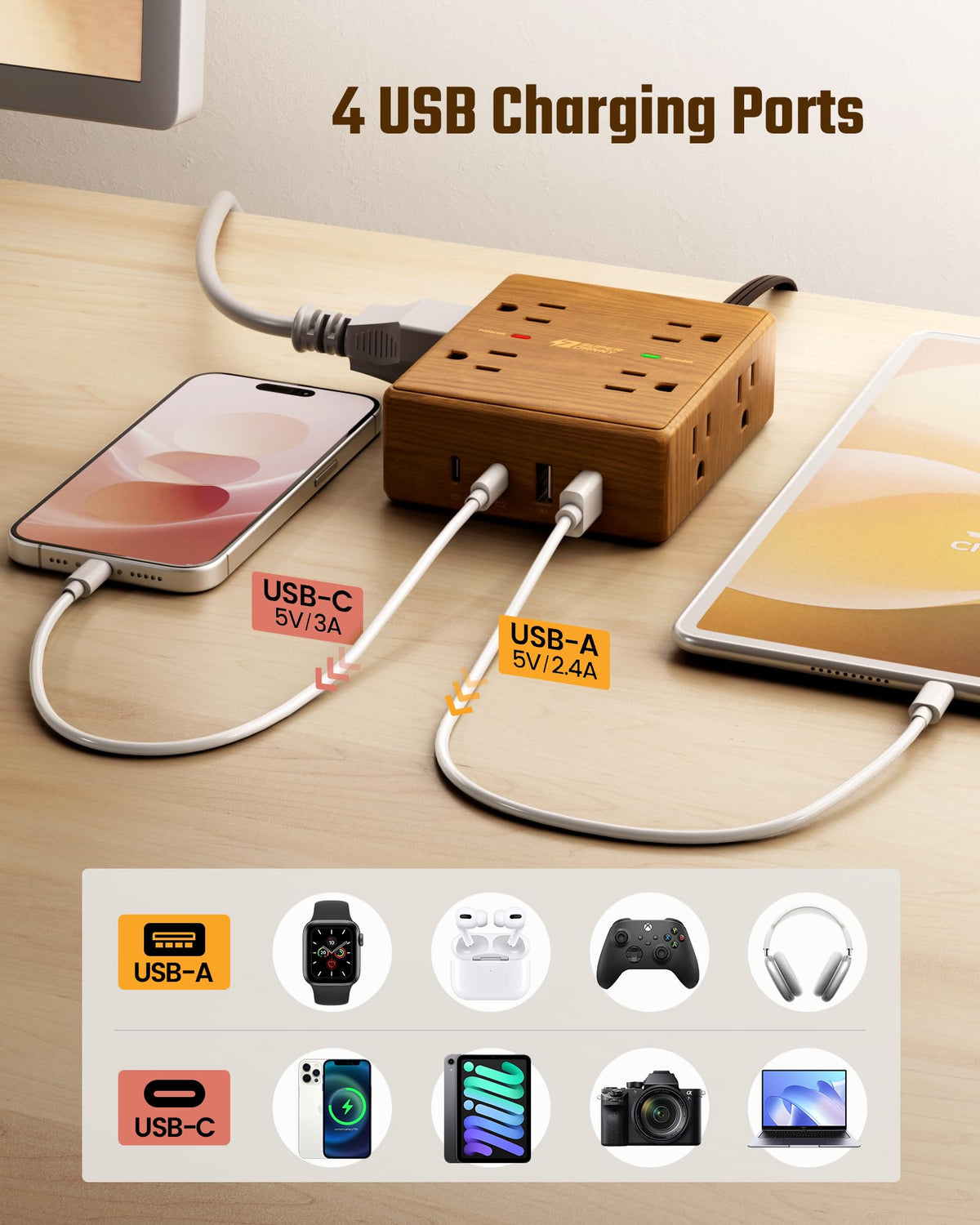 Brown Extension Cord 10Ft, Flat Plug Power Strip Surge Protector, 8 Outlets & 4 USB Ports (2 USB C), Desktop Charging Station Hidden Behind Furniture, Decorative Office Desk Accessories (Walnut Wood)