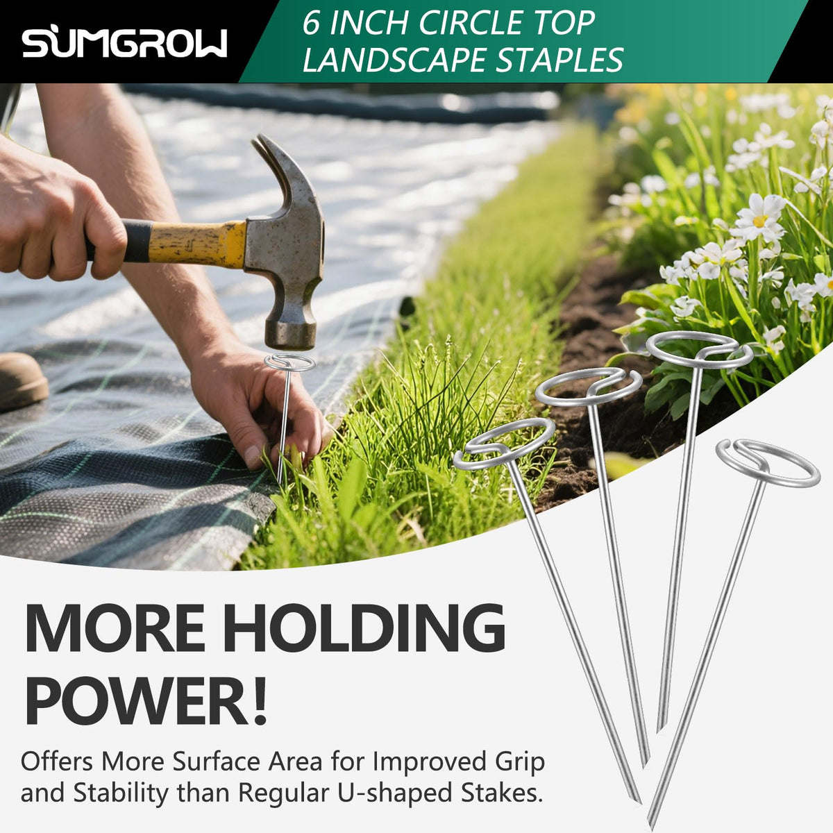 SUMGROW 60 Pack 6-inch, Landscape Staples, Fabric Pins, Weed Barrier Stakes, Circle Top Galvanized Steel Spikes for Securing Outdoor Tent, Ground Sheets, Fleece, Edging, Lawn Turf, Decorations