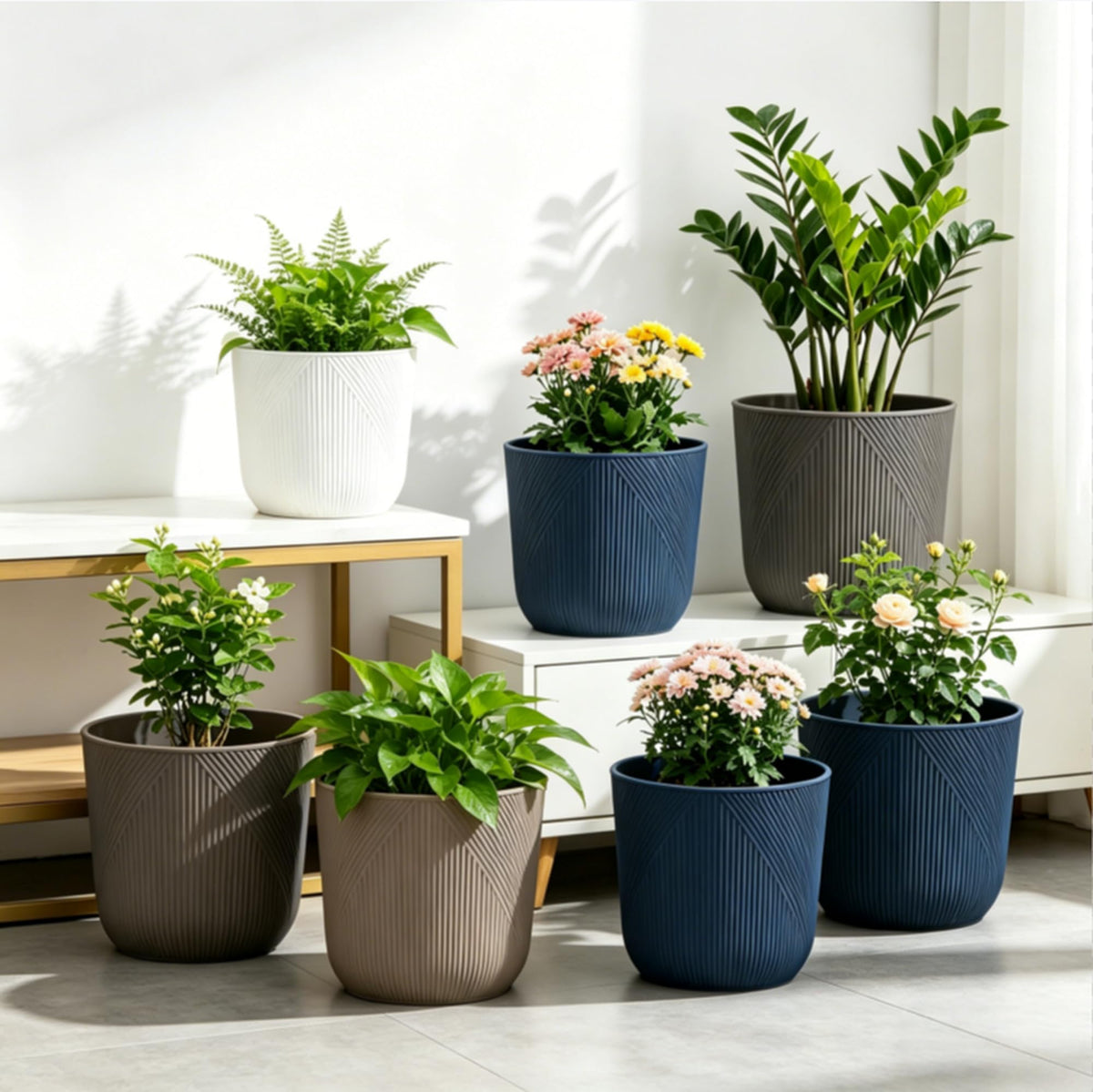 Dexceder 10x9 Striped Table Flower Plant Pot with Drainage Hole & Removable Plug (2 Pack, White)