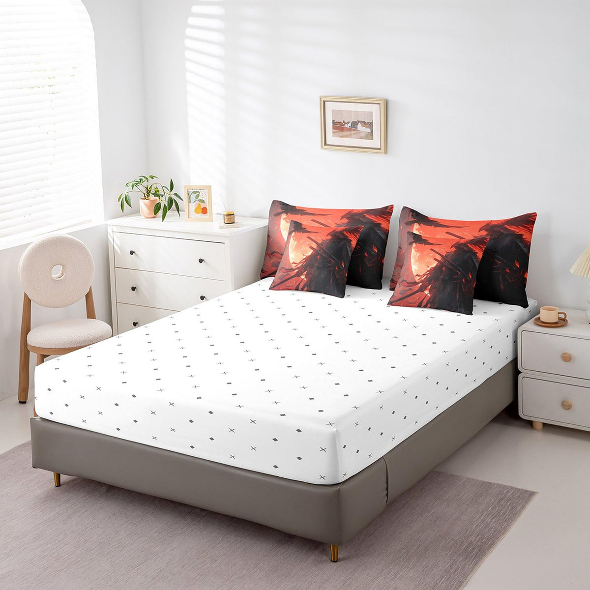 7 Pieces Twin Size Japan Samurai Comforter Set,Japanese Ukiyo-e Soldier Sword Bedding Set for Boys Men,Moon Crow Bird Animal Rustic (Comforter+Fitted+Flat Sheet+2 Pillowcases+2 Throw Pillow Covers)