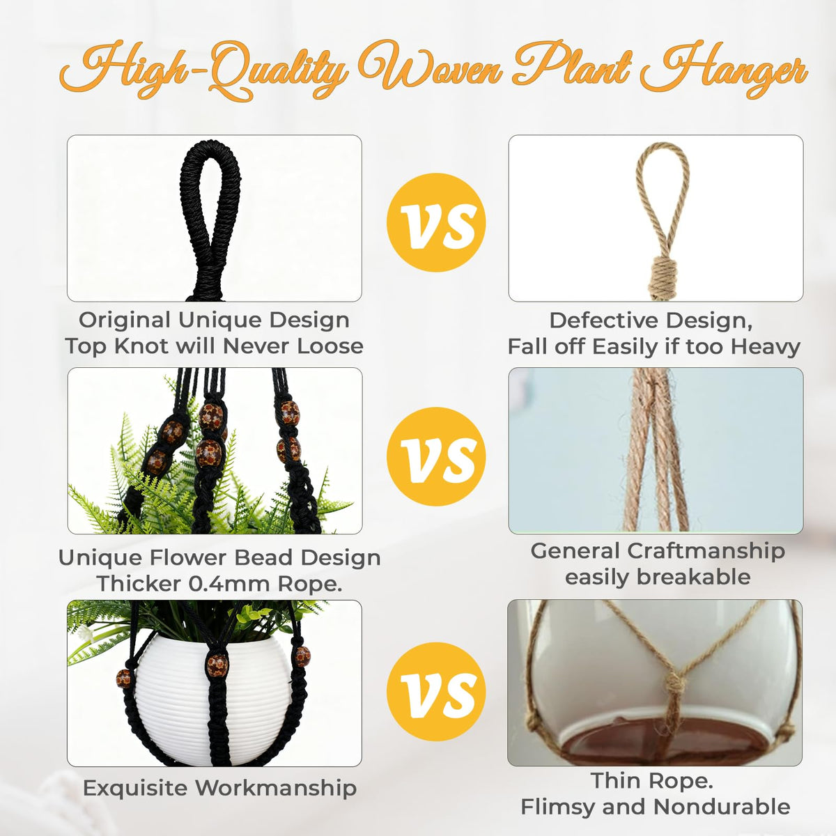 HOREAKHJ 35 Inch Macrame Plant Hanger, Large for up to 15 Inch Pot Extra Long Hanging Planter Holder Basket with Wood Beads for Indoor Outdoor Home Decor (Black, 2-Pack)