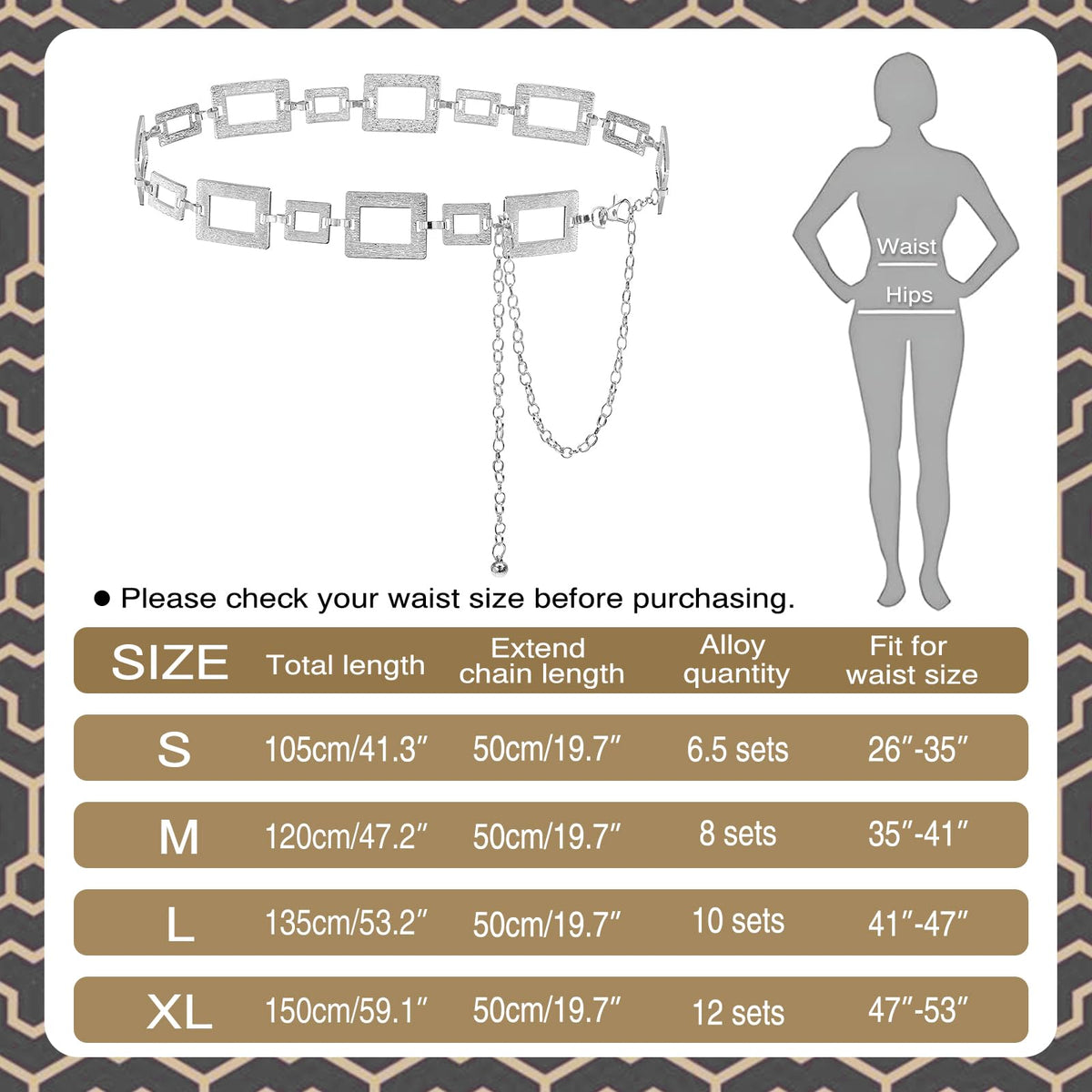 Liutufy Waist Chain for Women Adjustable Boho Metal Belt for Dresses (Square Silver-L)
