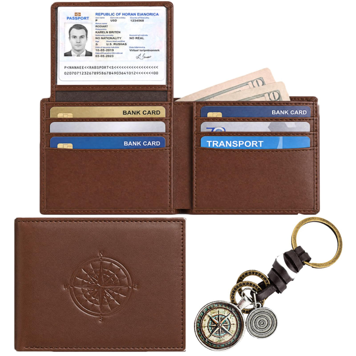 Hsei Bifold Wallet for Men Faux Leather Wallet with Compass Motif Keychain Anime Fan Mens Wallets with 2 ID Windows Gift