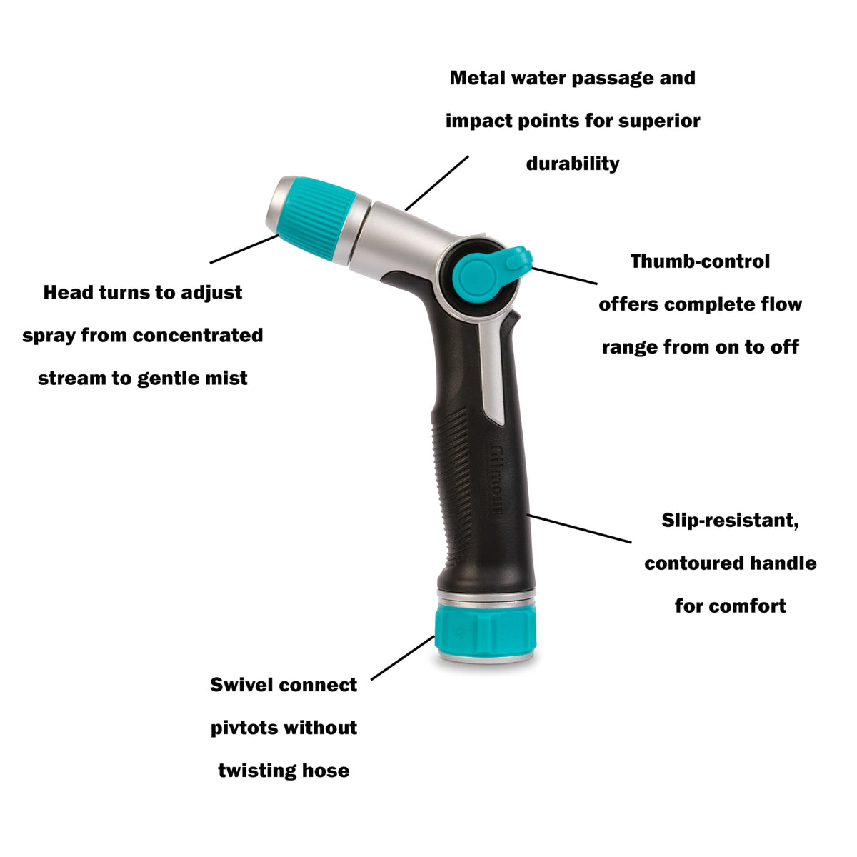 Gilmour Medium Duty Thumb Control Garden Hose Nozzle with Adjustable Spray Pattern, Water Hose Nozzle for Watering Garden or Lawn, Black/Aqua