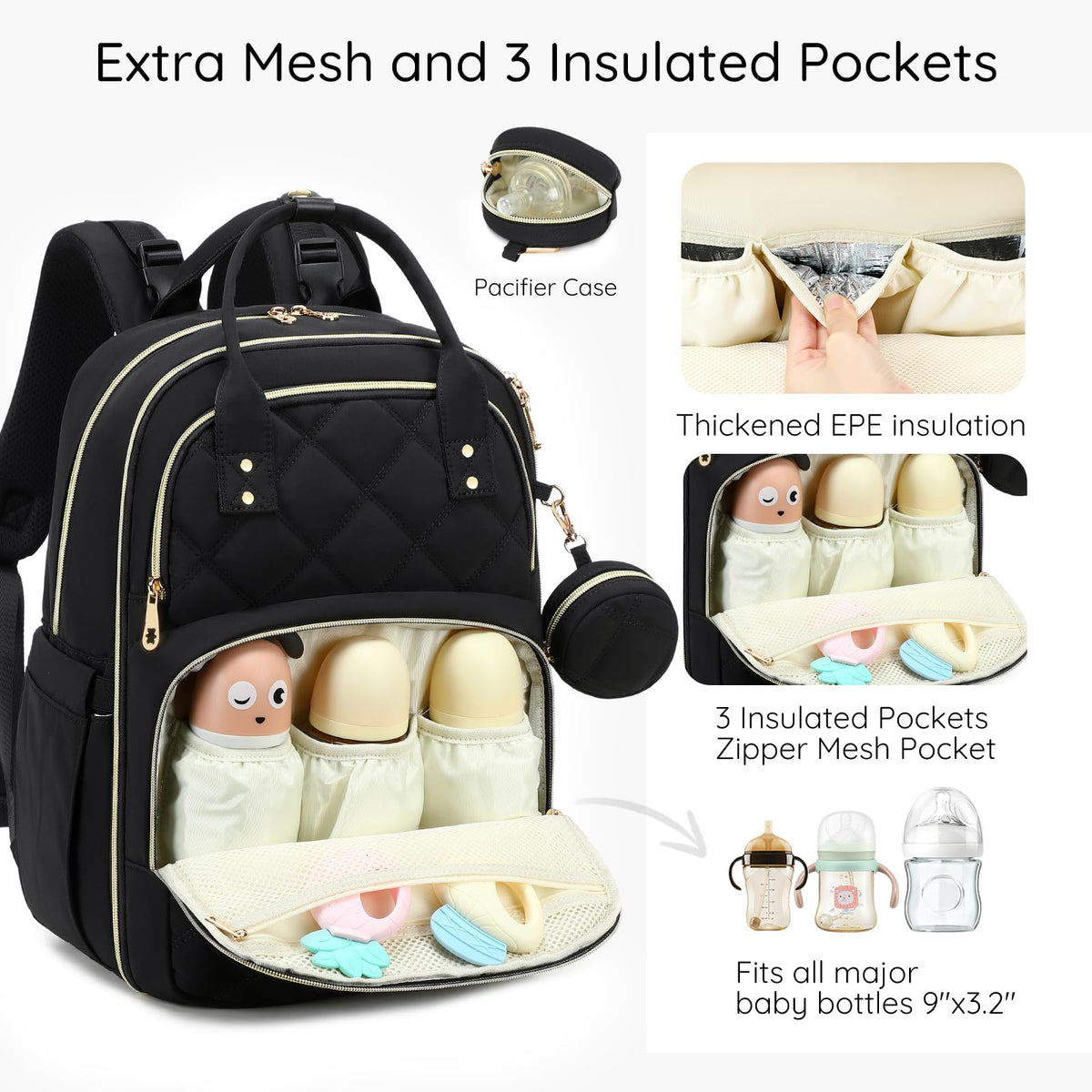 ViveVoy Diaper Bag Backpack, Large 26L Baby Bag with Portable Changing Pad & Pacifier Case, Waterproof Quilted Maternity Backpack for Mom and Dad, Travel Essentials with Insulated Pockets, Pink