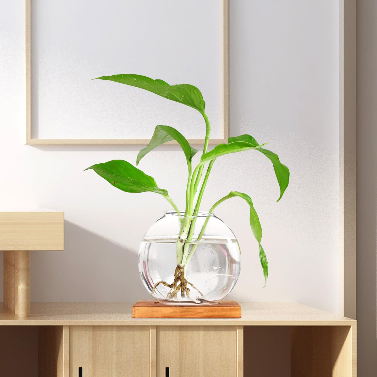 PRETYZOOM Glass Hydroponic Flower Vase with Retro Wood Base, Tabletop Floral Arranging Planter for Office and Home Décor, Glass Terrarium for Indoor Plant Display
