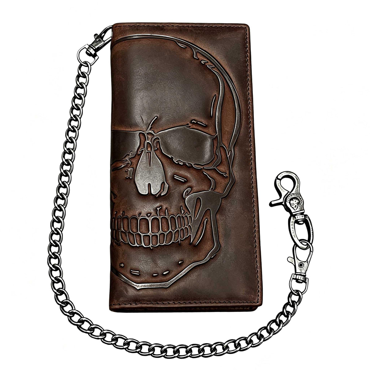 Paomadeng Skull Long Bifold Wallet for Men Full Grain Cowhide Genuine Leather Biker Wallet with Chain, RFID-Blocking, Brown