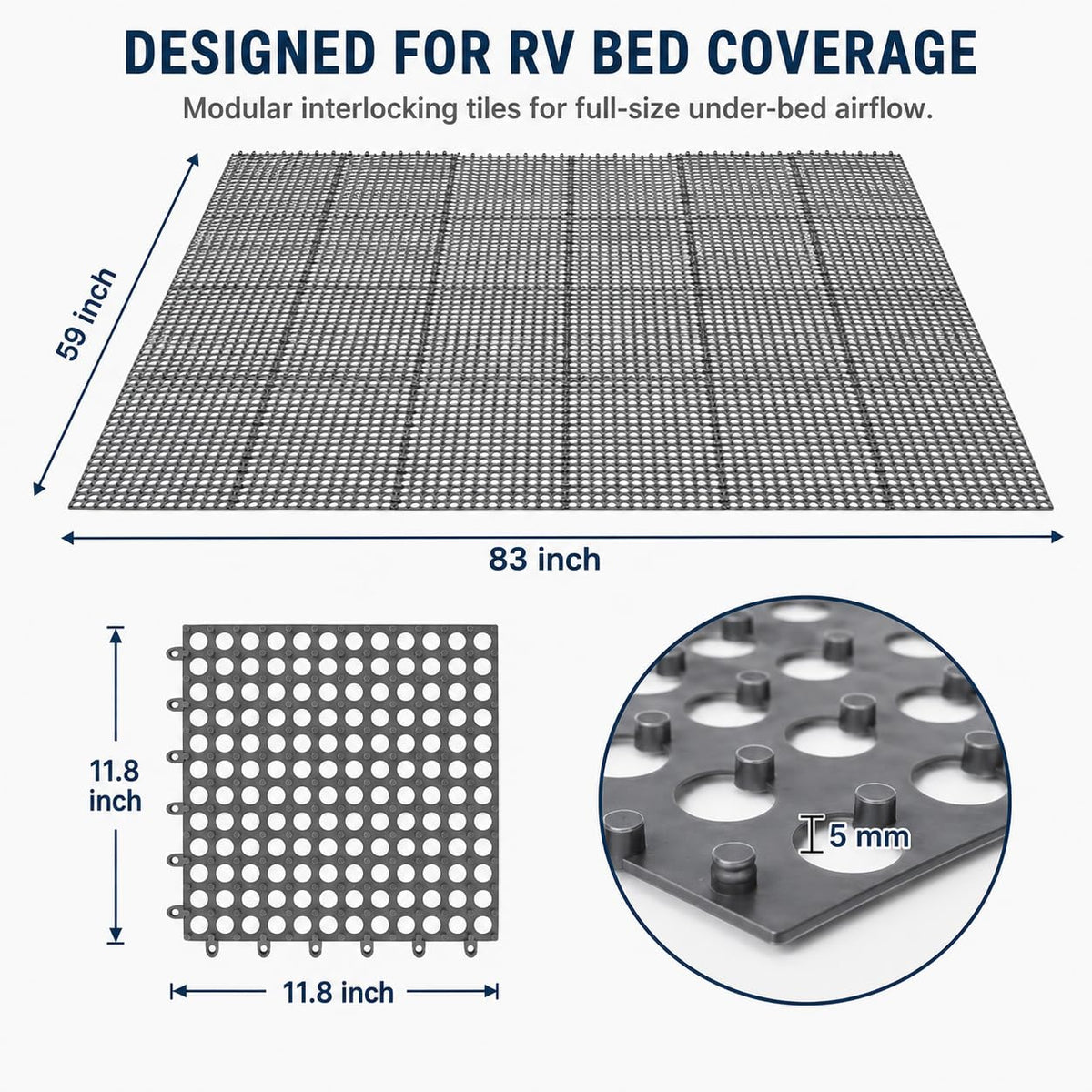 Plastic Ventilated Mattress Underlay Pad, 83" x 59" Breathable Mesh RV Under Mattress Ventilation Pad, Modular Interlocking Underlay for RV, Boat, Camper (Black)