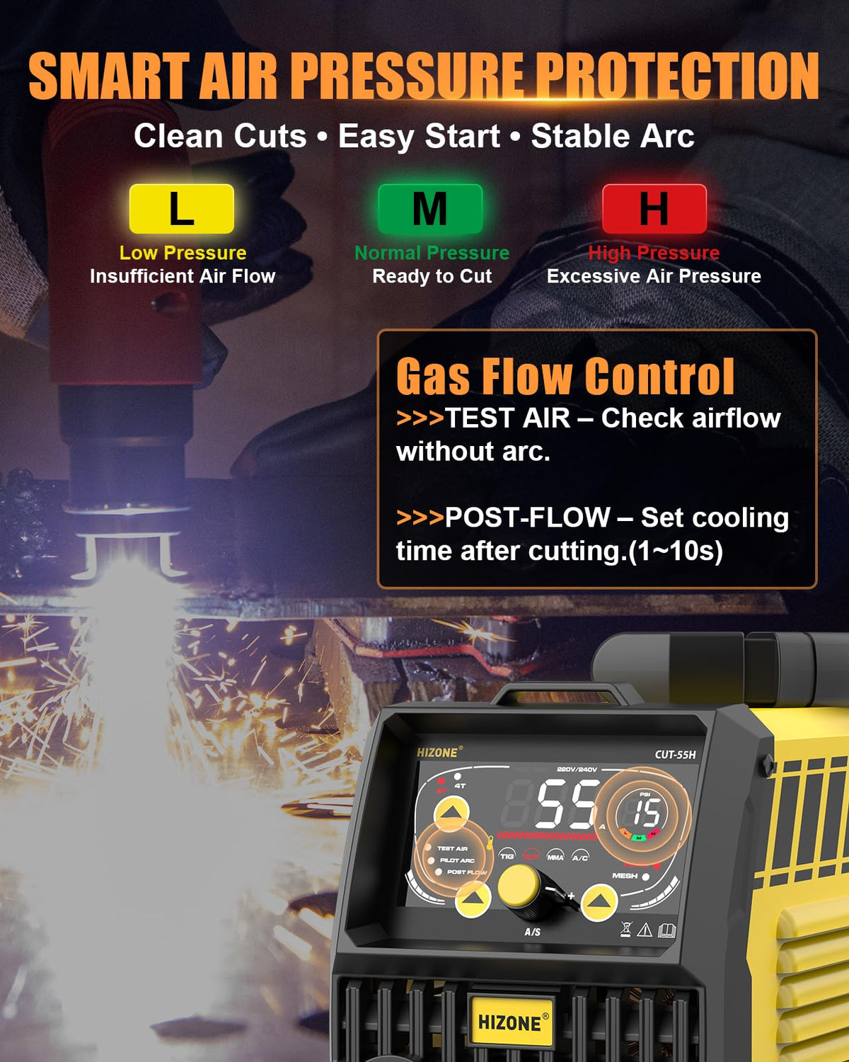 HIZONE 55A Plasma Cutter Machine, High Frequency Non-Touch Pilot Arc Plasma Cutting Equipment with LCD Display, 120/240V Cutting Machine, 2T/4T Function, Post Flow, 3/4" Max Cut, Ideal for Beginners