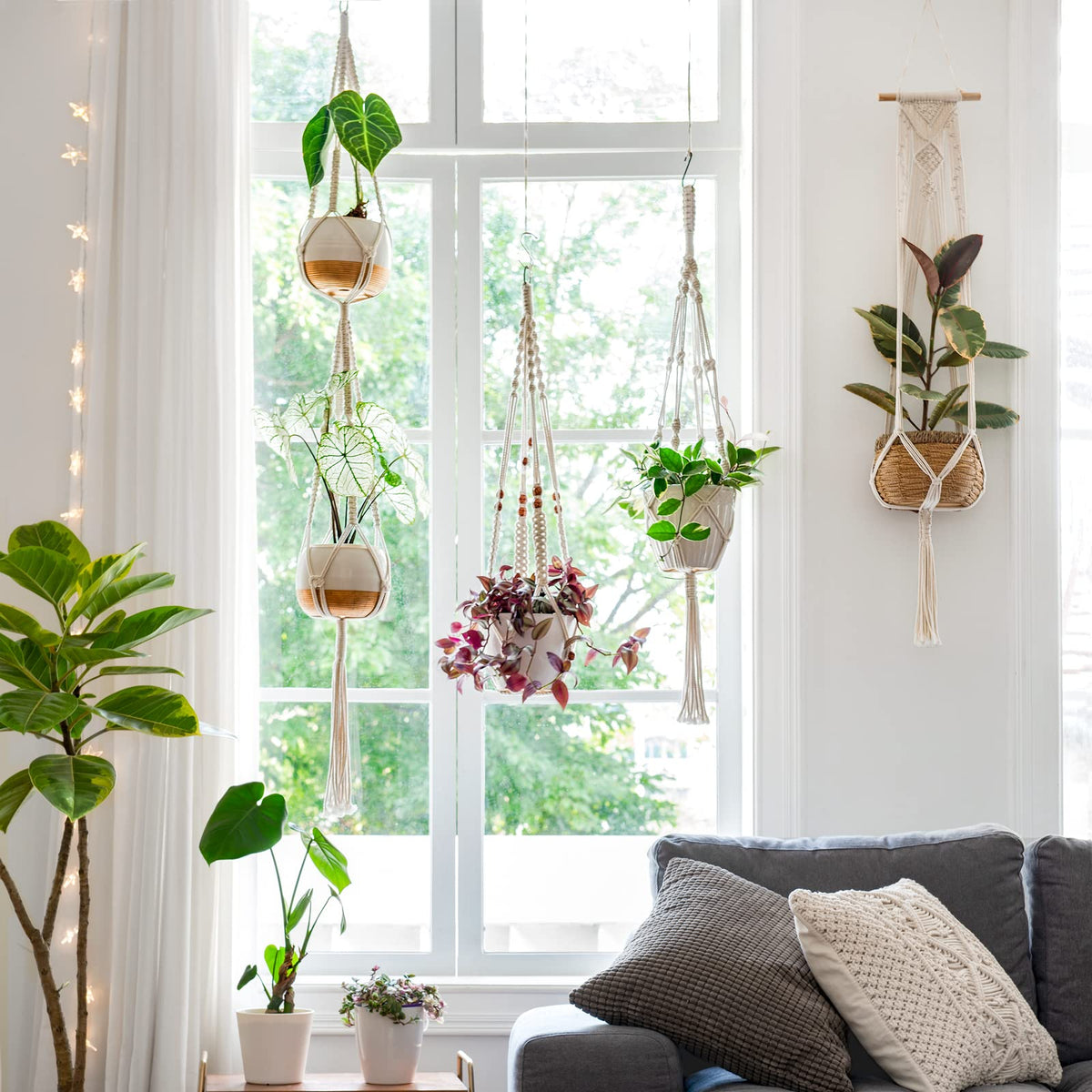Mkono Macrame Plant Hangers and Ceiling Hooks Set of 8 Indoor Hanging Planter Basket Wall Decorative Flower Pot Holder for Indoor Outdoor Home Decor Gift Box