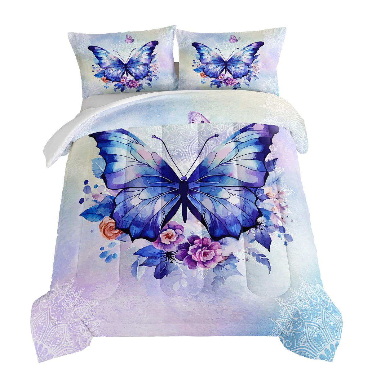 HOSIMA Floral Purple Butterfly Comforter-Soft Microfiber,Fantasy Butterfly Aesthetics Full Size Bed in a Bag for Kids Girls Teens Women,Mandala Preppy Bedding 3Piece with 2 Pillow Shams.