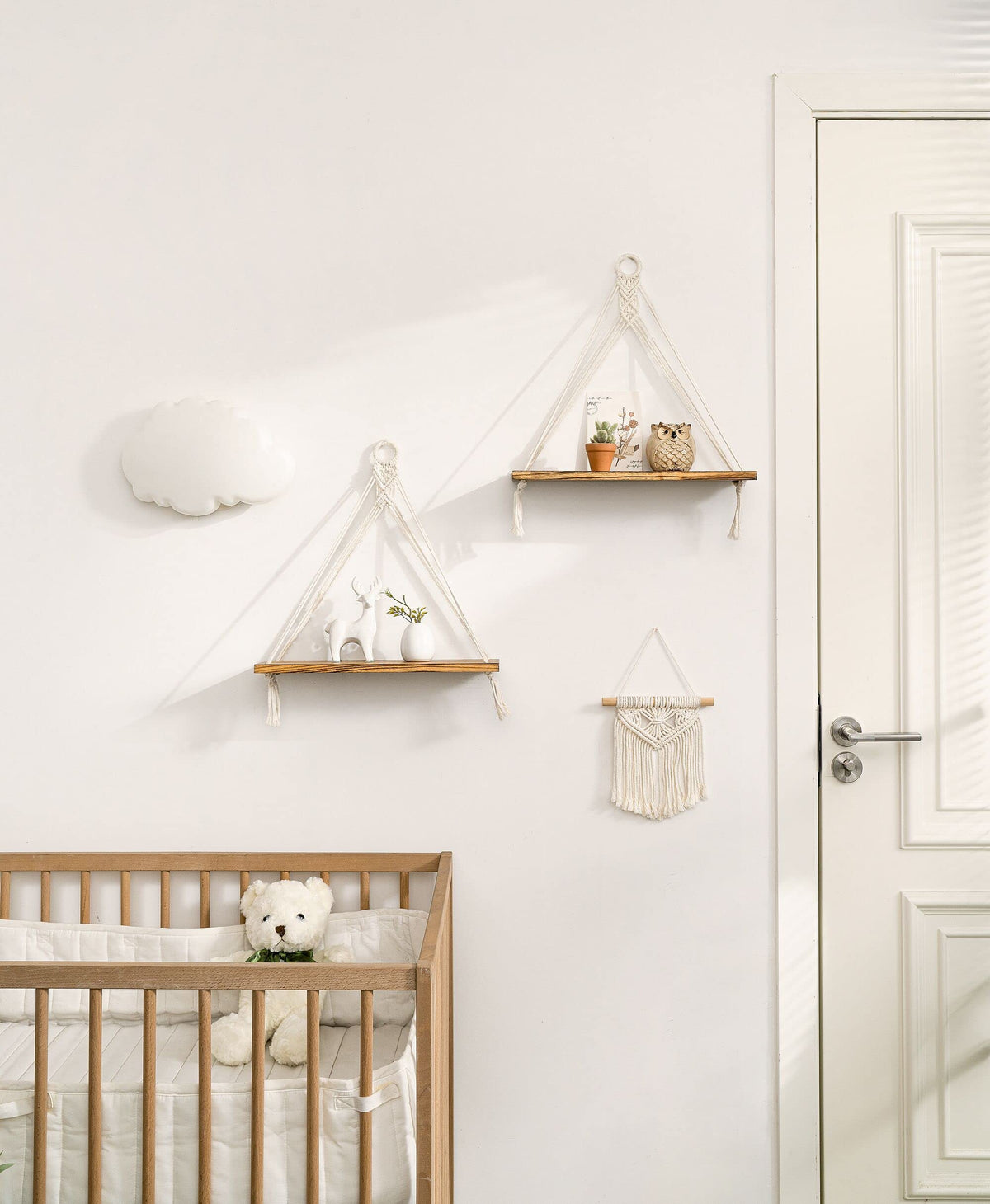 Mkono Macrame Hanging Shelves Boho Wall Decor Set of 2 and Bedside Shelf Organizer with Hooks