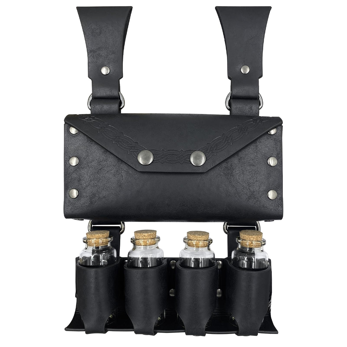 HiiFeuer Medieval Alchemy Faux Leather Belt Bag with 4 Cork Potion Vials, Fantasy Wizard Waist Pouch Side Pack for Ren Faire (Black A)
