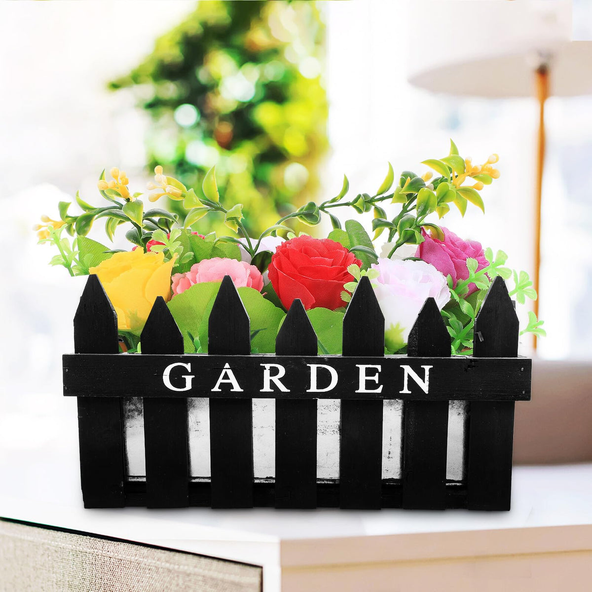 Angoily Creative Wooden Fence Flowerpot Planter Box for Balcony and Garden, Rectangular Black Wood Plant Container, Decorative Green Plant Pot for Outdoor Patio Use