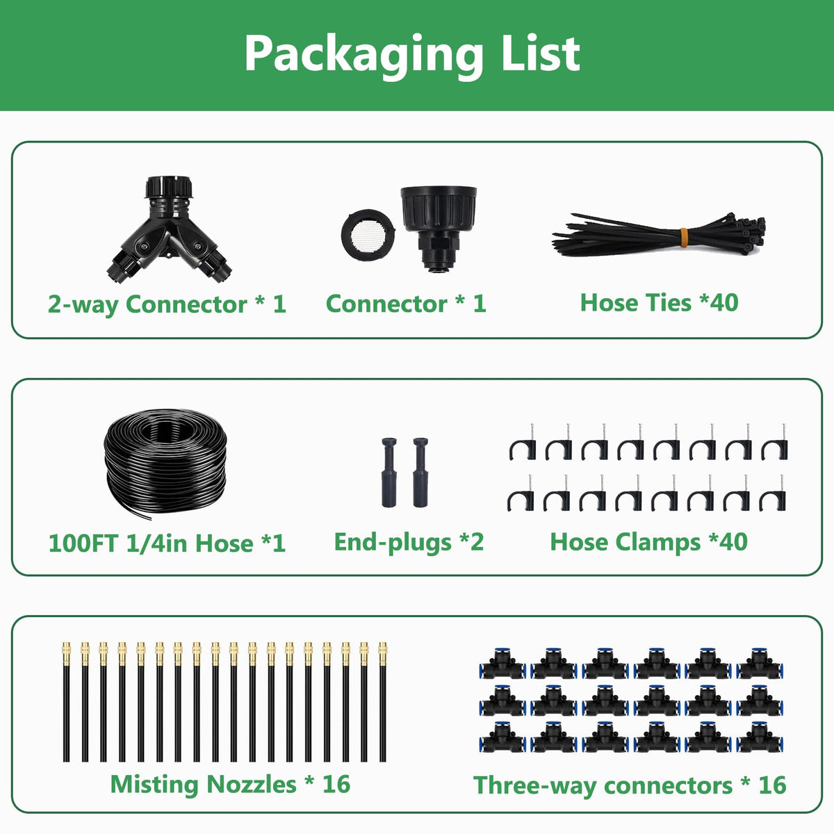 100FT Drip Irrigation System, 1/4 Inch Hose with 360° Adjustable Copper Nozzles – Garden Watering Kit for Lawn, Raised Beds, Greenhouse & Yard