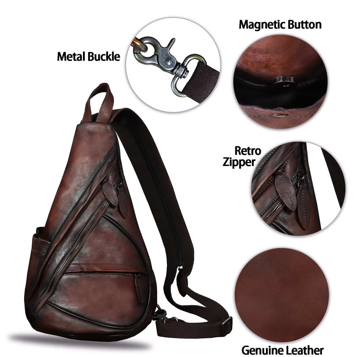 Genuine Leather Sling Bag for Men and Women Vintage Sling Backpack Shoulder Crossbody Bag Chest Bag for Ipad (LightCoffee)