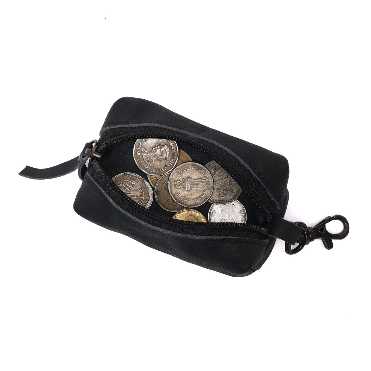 Leather Zipper Coin Pouch with Key Clip, Compact Change Holder Wallet for Men & Women, Small Leather Coin Purse for Cash, Keys, Earbuds, Everyday Carry Accessory (1, Black)