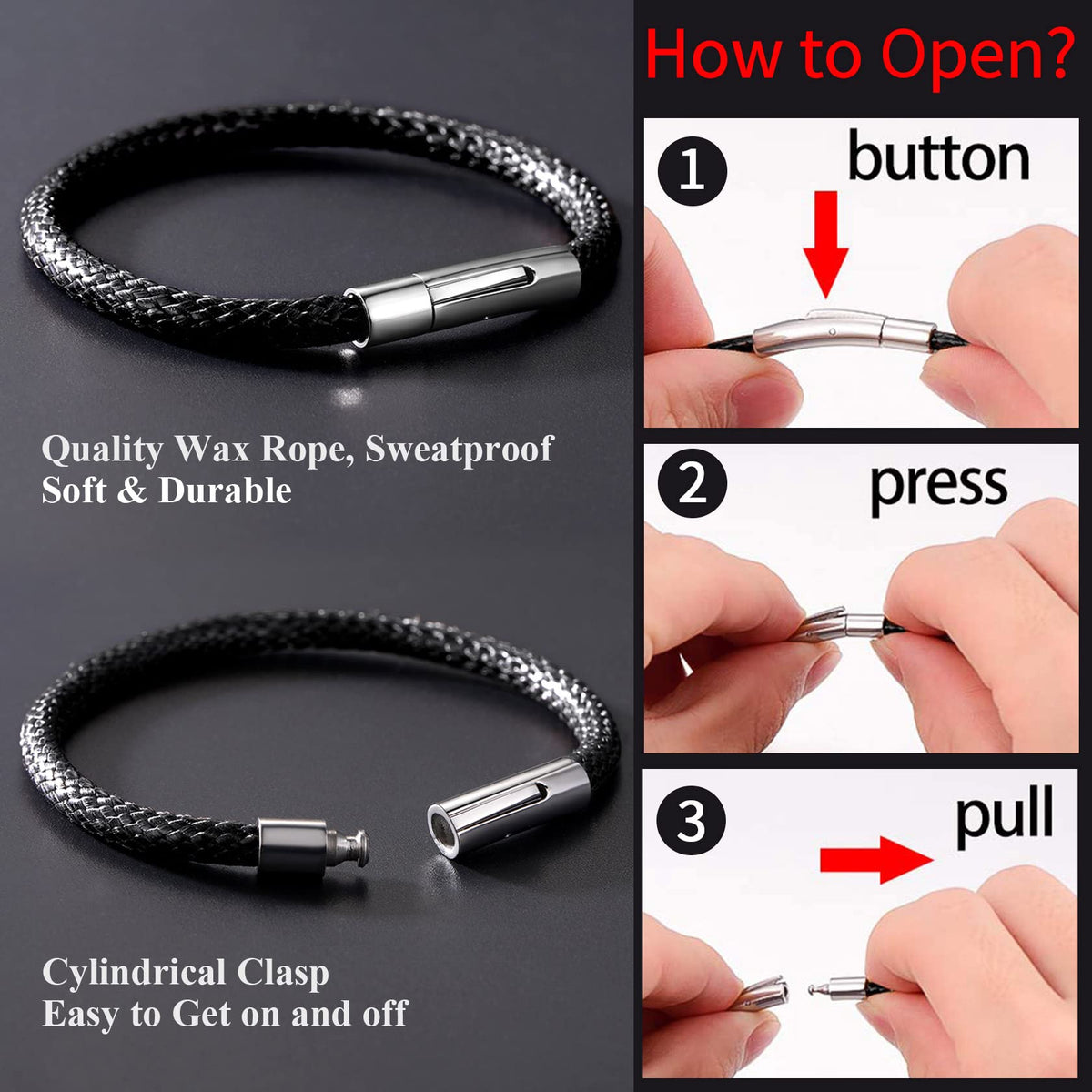 ChainsHouse Mens Waterproof Leather Bracelet 5mm 8.7inch Black Wrap Cuff Bangle for Male Birthday Gift