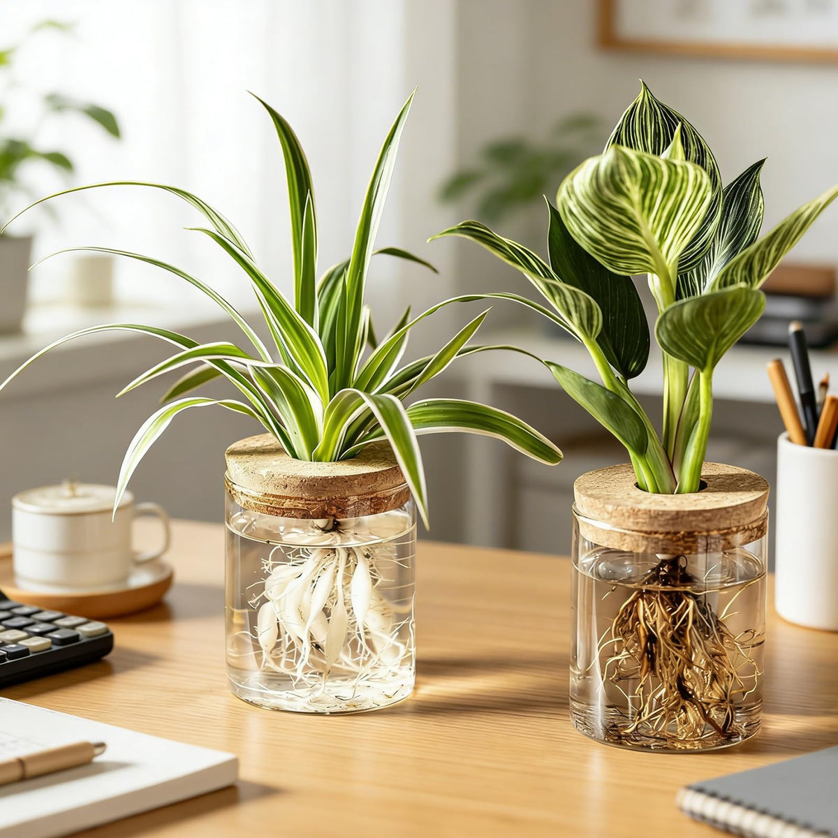 QeemTaco 4Pcs Glass Plant Propagation Vase with Wooden Stopper, Hydroponic Terrarium Cylinder Bottle for Plant Cuttings, Modern Desktop Plant Holder for Home Office Decor