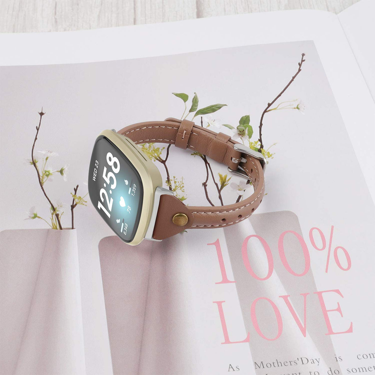 Minyee Compatible with Fitbit Versa 4/Versa 3/Sense 2/Sense Band for Women, Slim & Thin Leather Straps Bracelet Wristband for Fitbit Versa 4/ Fitbit Sense Smartwatch, Pink Grey