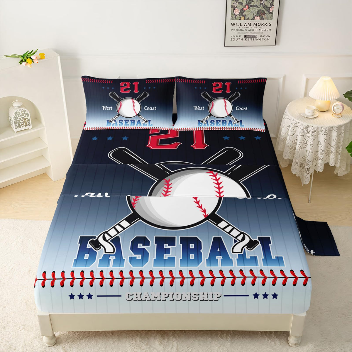QOOMO Baseball Kids Bed Sheets Full Size,Ball Game Print Bedding Sheet Set,4Pcs Sports Deep Pocket Bed Sets with 1 Fitted Sheet 1 Flat Sheet 2 Pillowcases for Boys Girls Teens