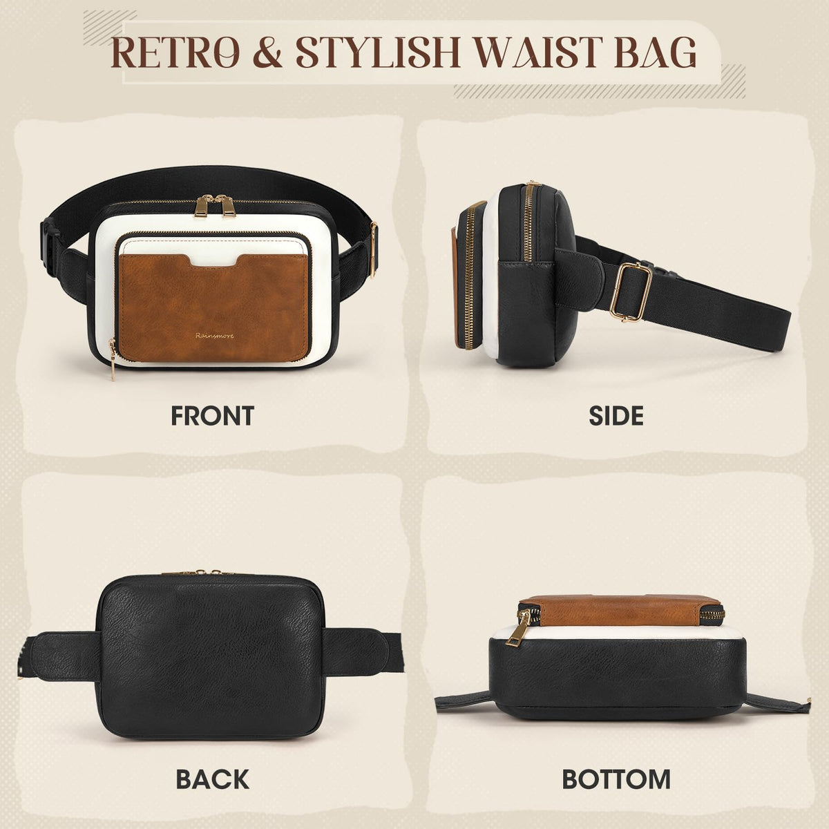 RAINSMORE Fanny Packs for Women, Leather Belt Bag Waterproof Everywhere Crossbody Waist Pack with Adjustable Strap Retro Sling Chest Bag for Work Running Travel Party, Black and Brown with White