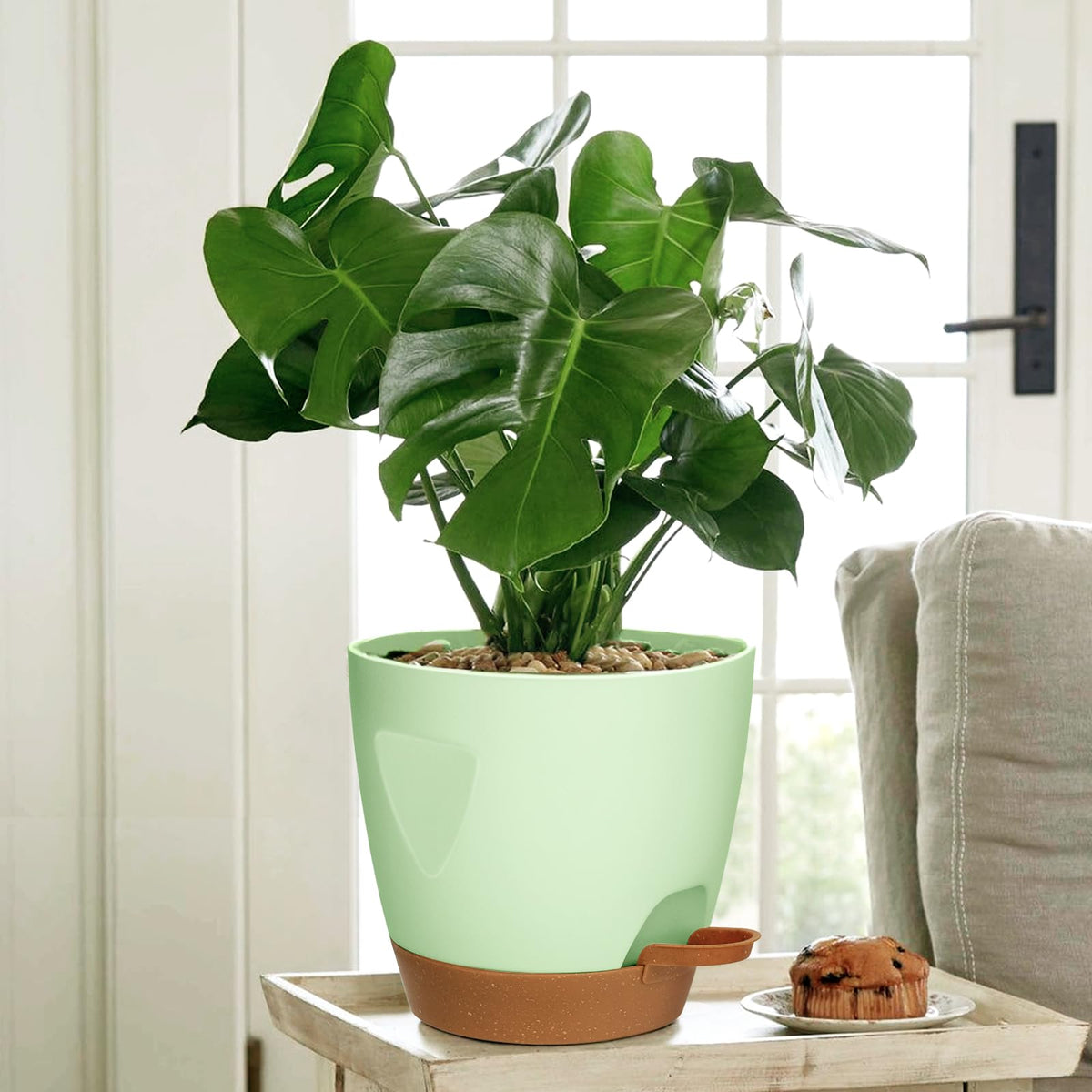 5-Pack Plant Pots with Drainage 7/6.5/6/5.5/5 Inch Self Watering Pots for Indoor Outdoor Plants, Plastic Flower Pots with Drainage Holes and Removable Saucers, Plant Pots with Wicking Rope (Green)