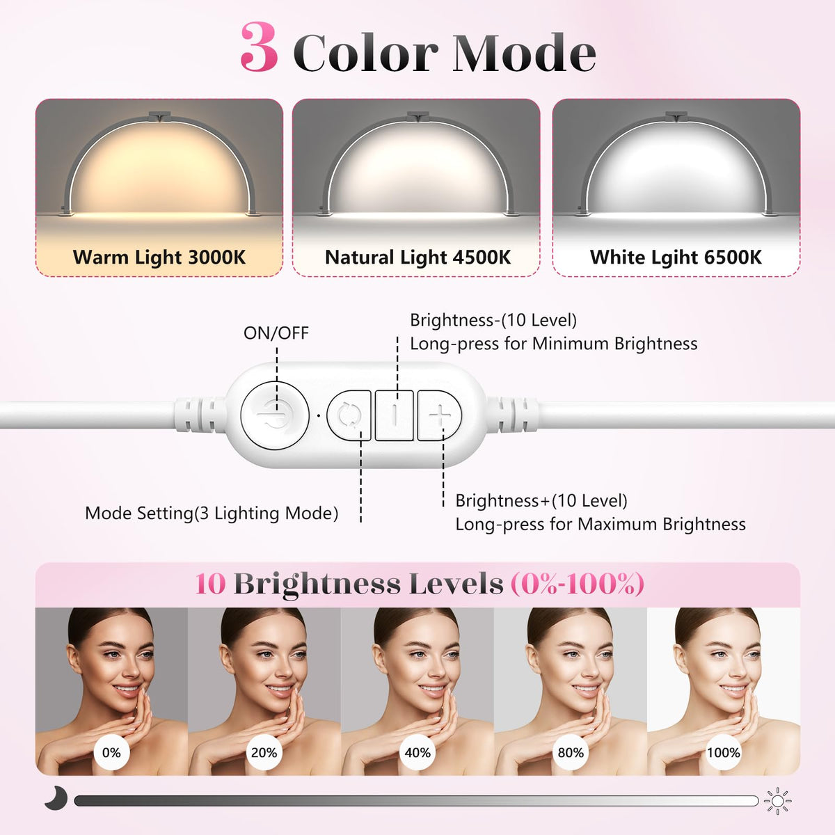 Yokilly Half Moon Nail Desk Lamp with Phone Holder, 23in, Aluminum, 3 Color Modes, 10 Brightness Levels, Small, White