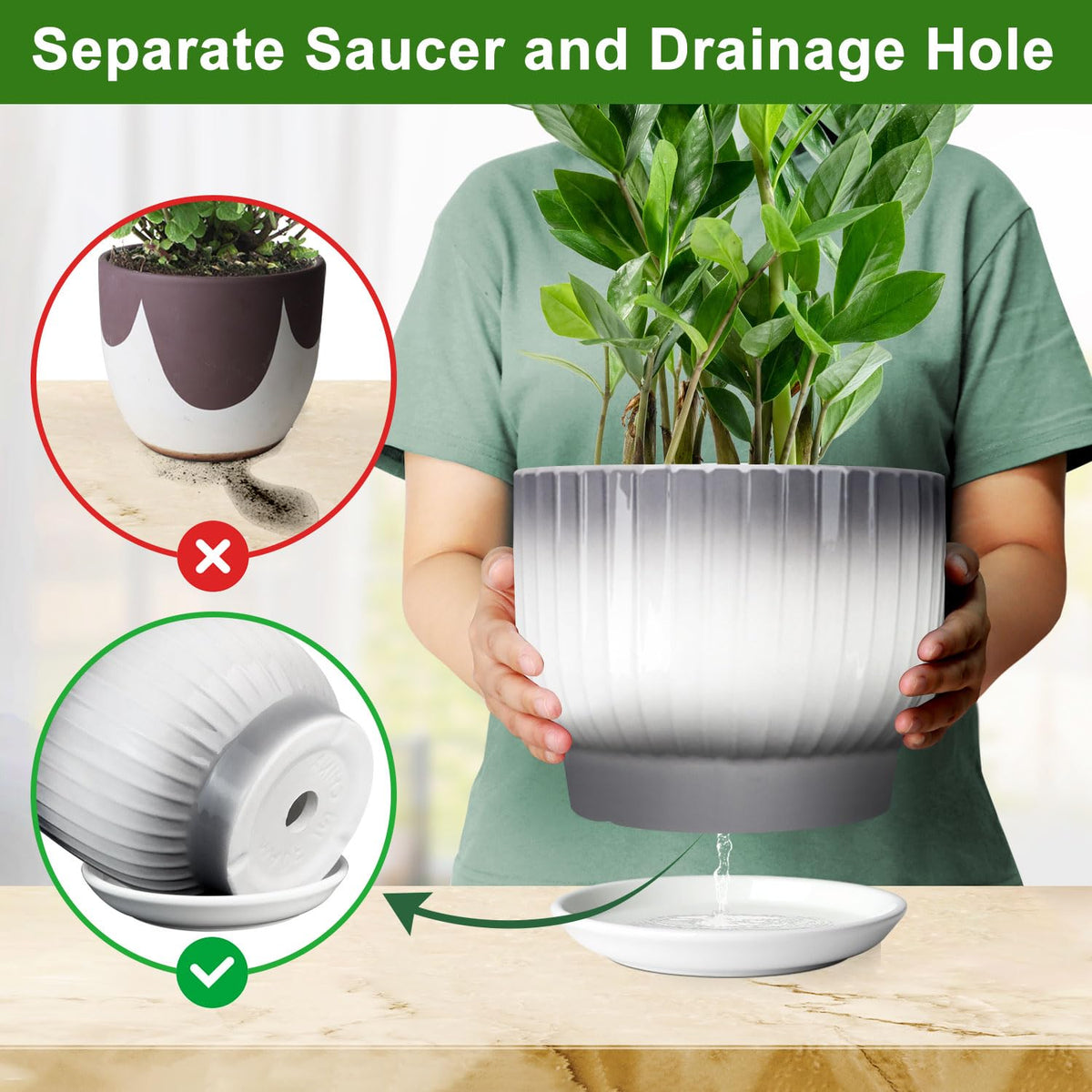 YUFDA 8 Inch Plant Pot, Ceramic Planter with Drainage and Saucer, Ceramic Pots for Plants, Indoor Plant pots,Ceramic Flower pots(Gray + White, Plants NOT Included)
