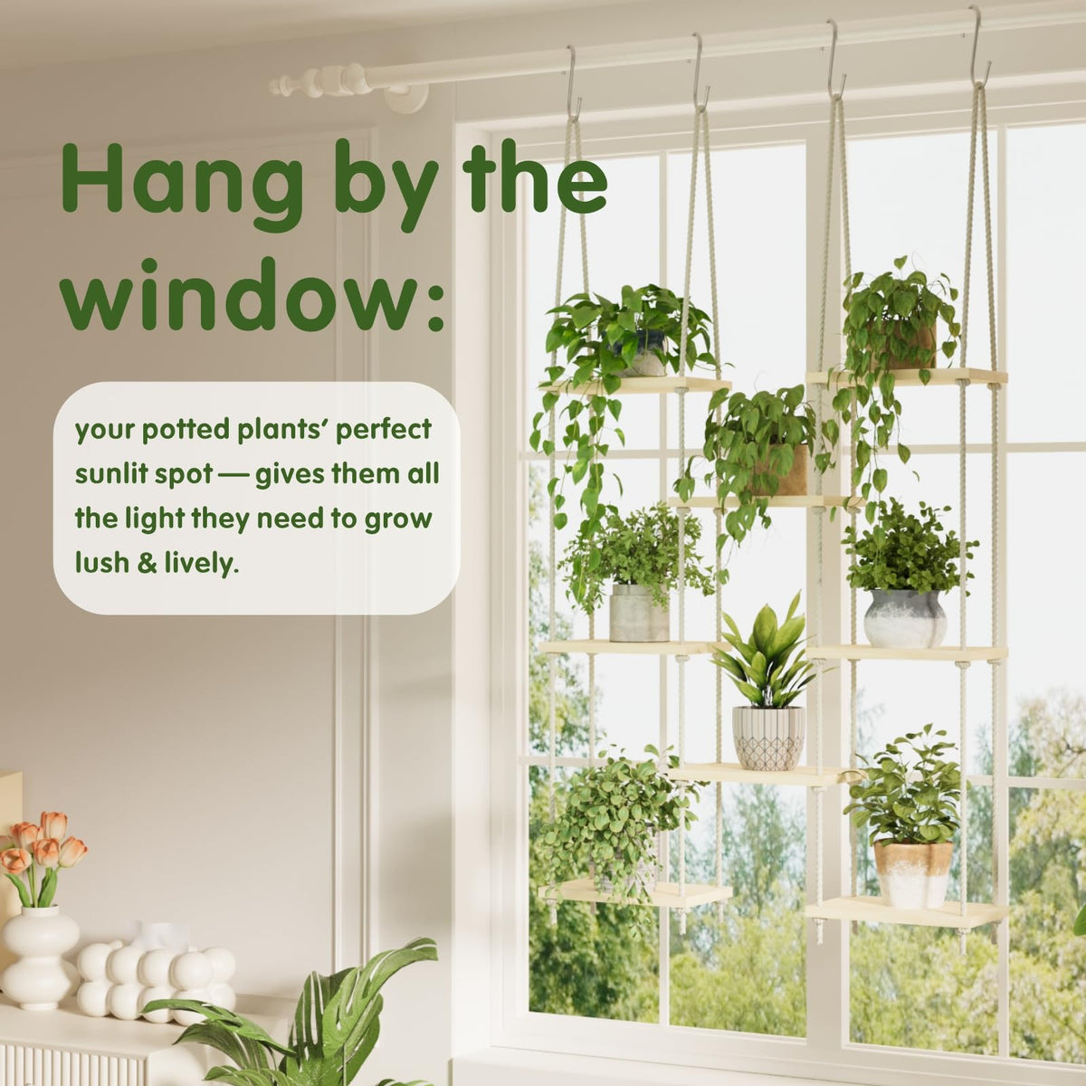 Vihawke Window Plant Shelves, 8 Tier Window Sill Shelf for Plants, Macrame Hanging Plant Stand Indoor, Plant Hanger Floating Shelves, Window Plants Holder Boho Decor Living Room Bedroom Wall Decor